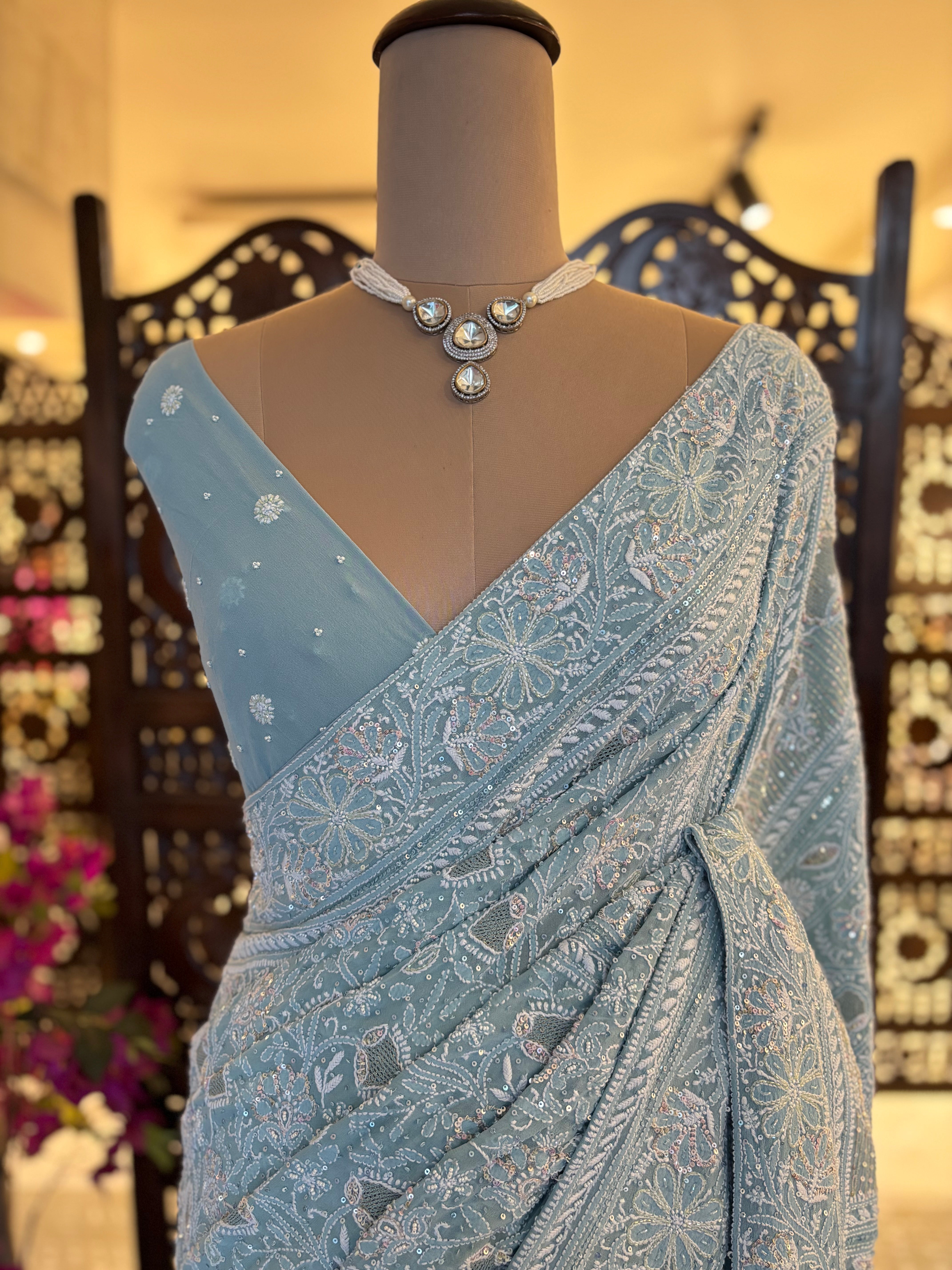 Ice-Blue Pure & Premium Georgette Chikankari Saree