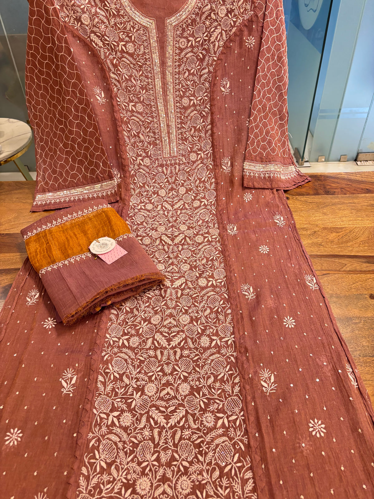 Mauve-Brown Tissue Chikankari Kurta & Dupatta