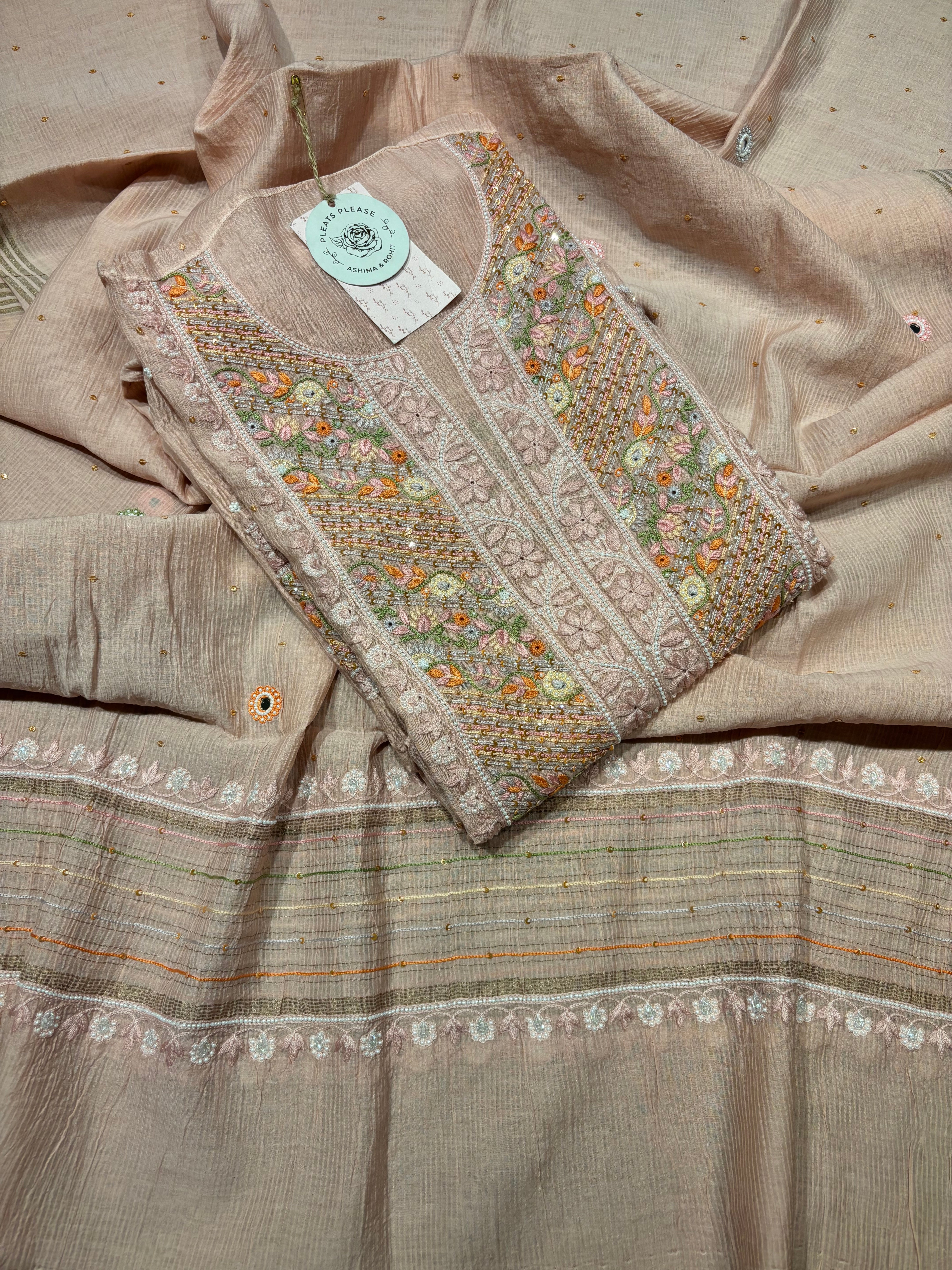 Pink Chanderi Mul Chikankari Kurta And Dupatta Set