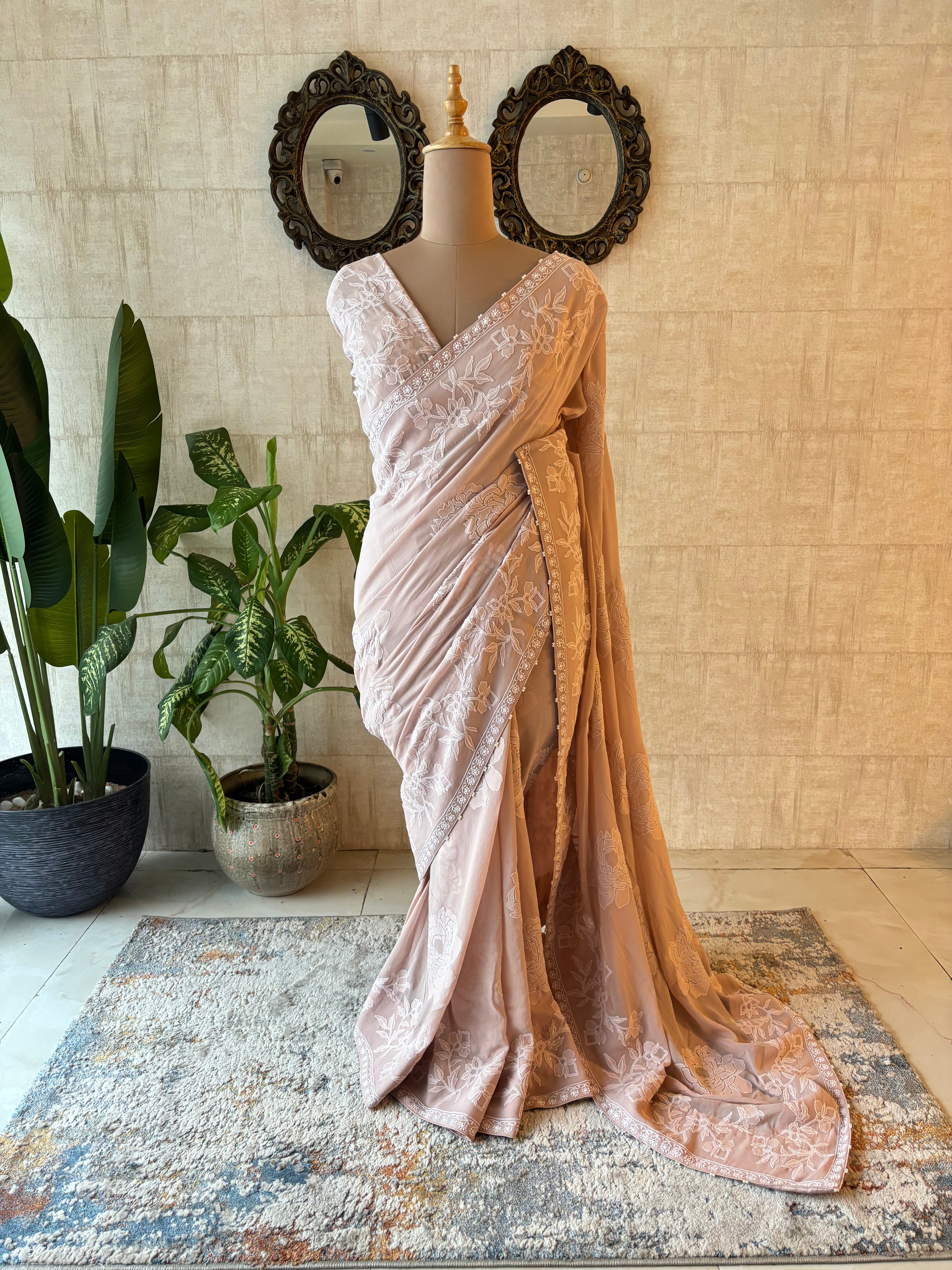 Dusty Peach Pure & Premium Georgette Chikankari Saree & Blouse