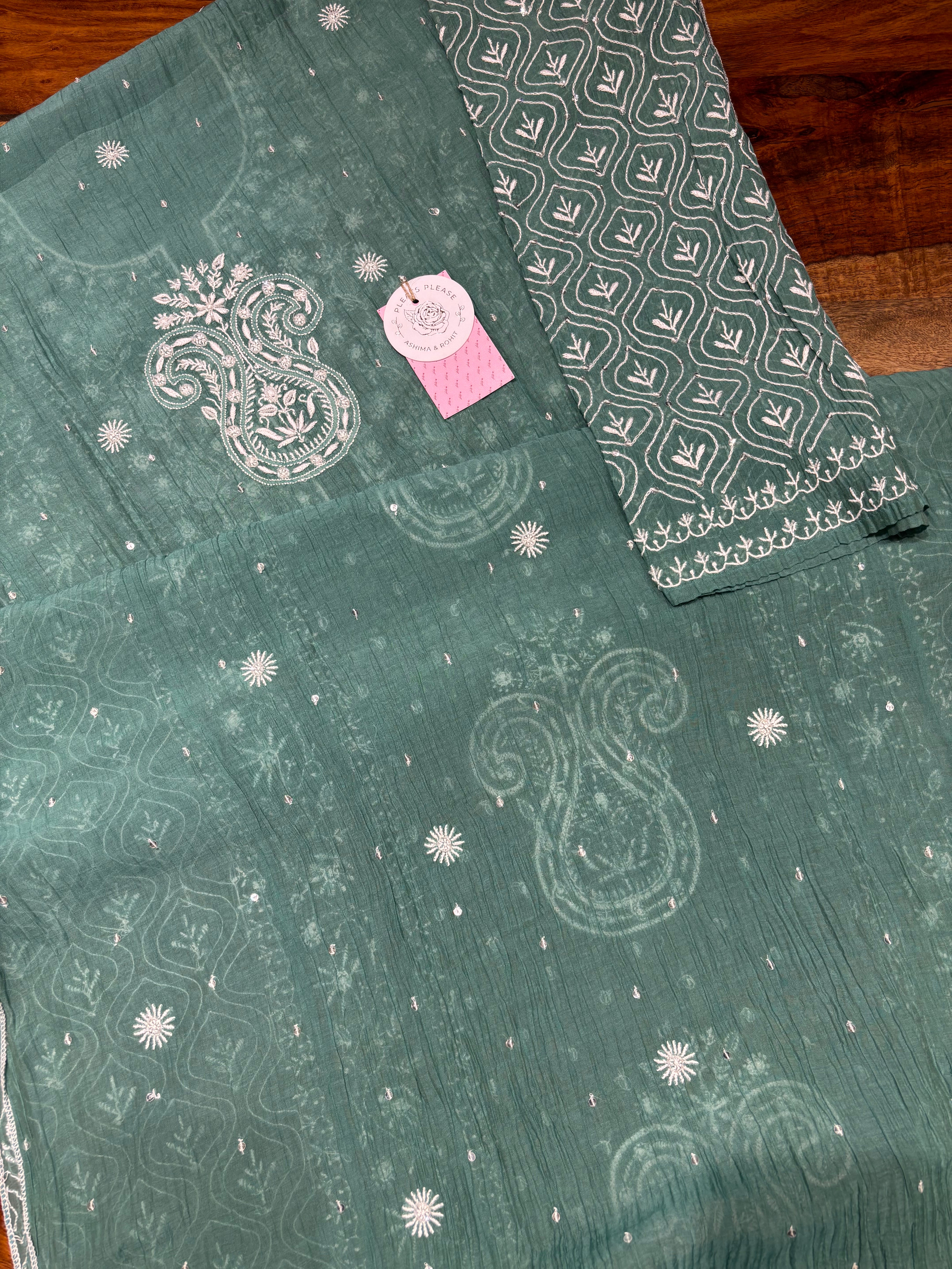 Clover Green Chanderi Mul Chikankari Kurta & Dupatta set