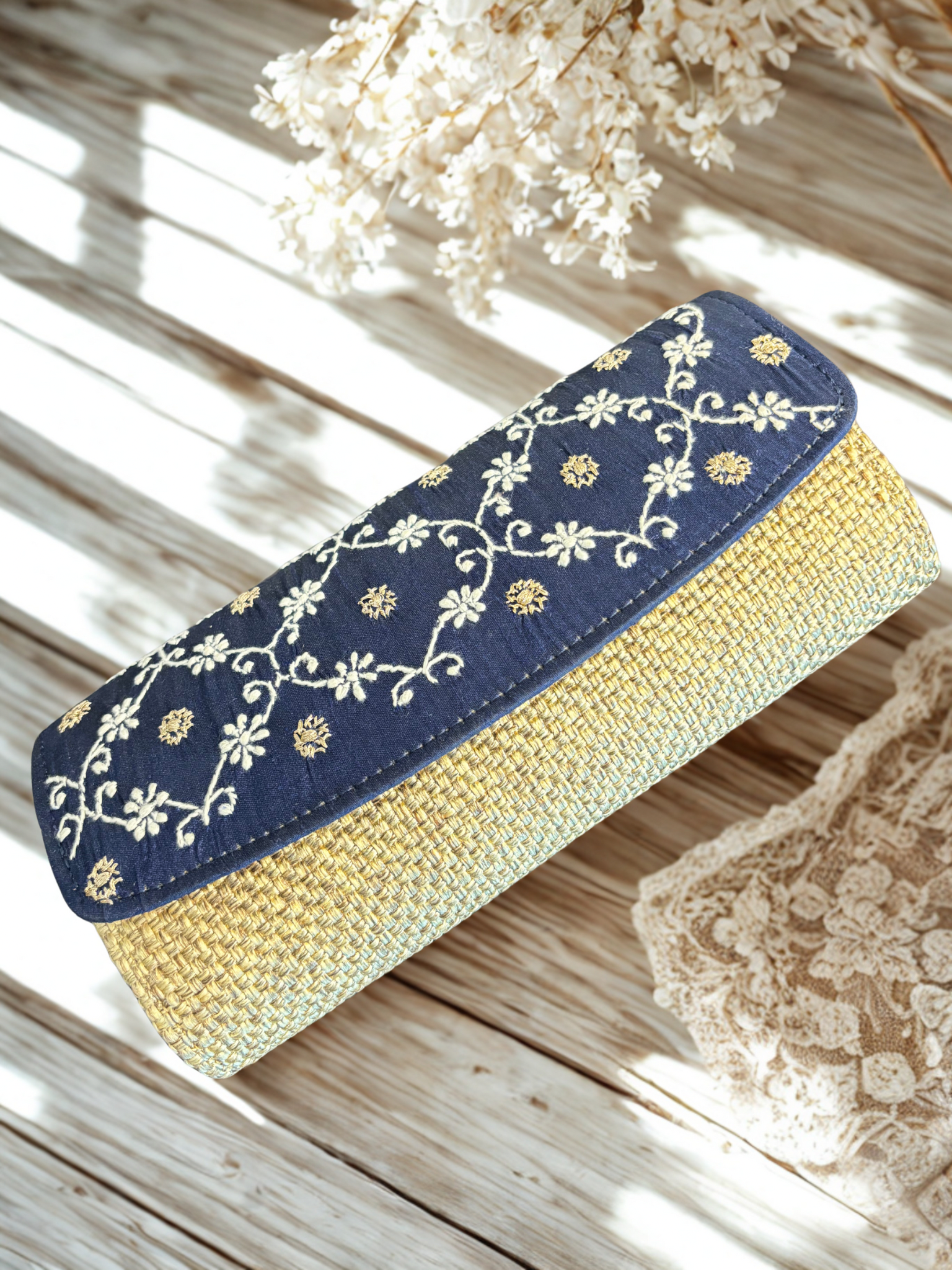 Navy Blue Chikankari Clutch Jute Bag