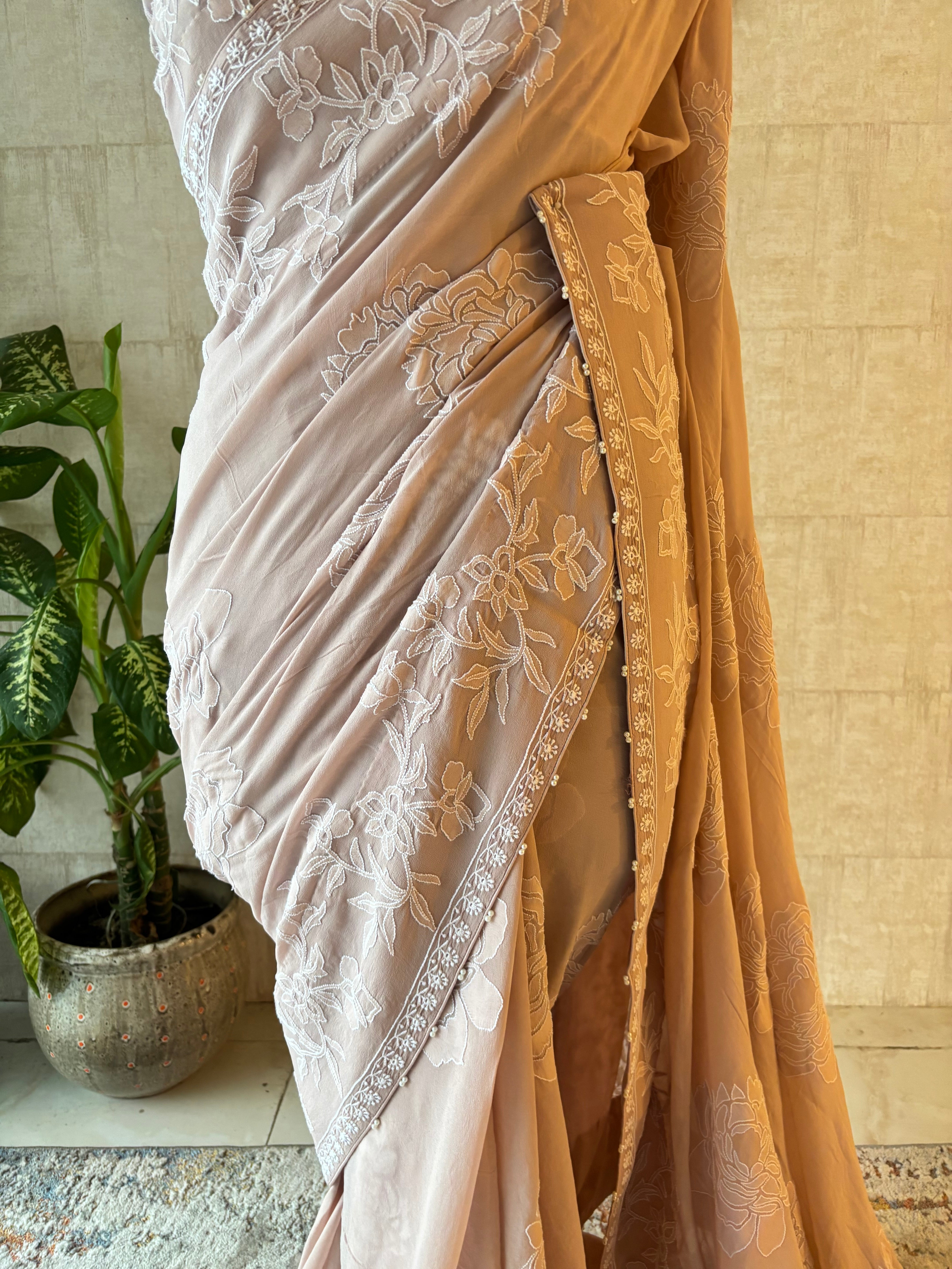 Dusty Peach Pure & Premium Georgette Chikankari Saree & Blouse