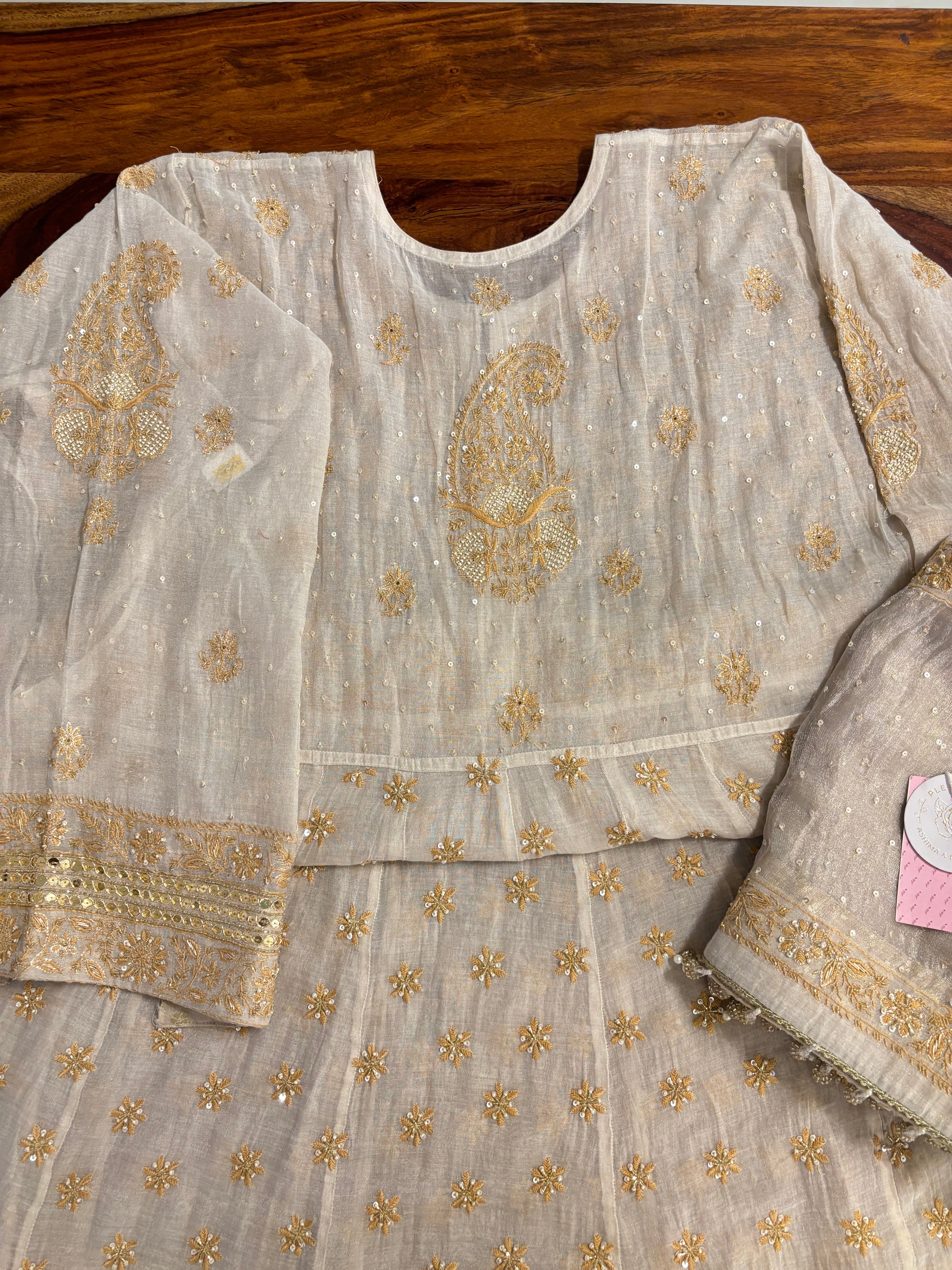 Dyeable Pure & Premium Silver Tissue Chikankari Anarkali & Dupatta Set - Pleats PleaseChikankari