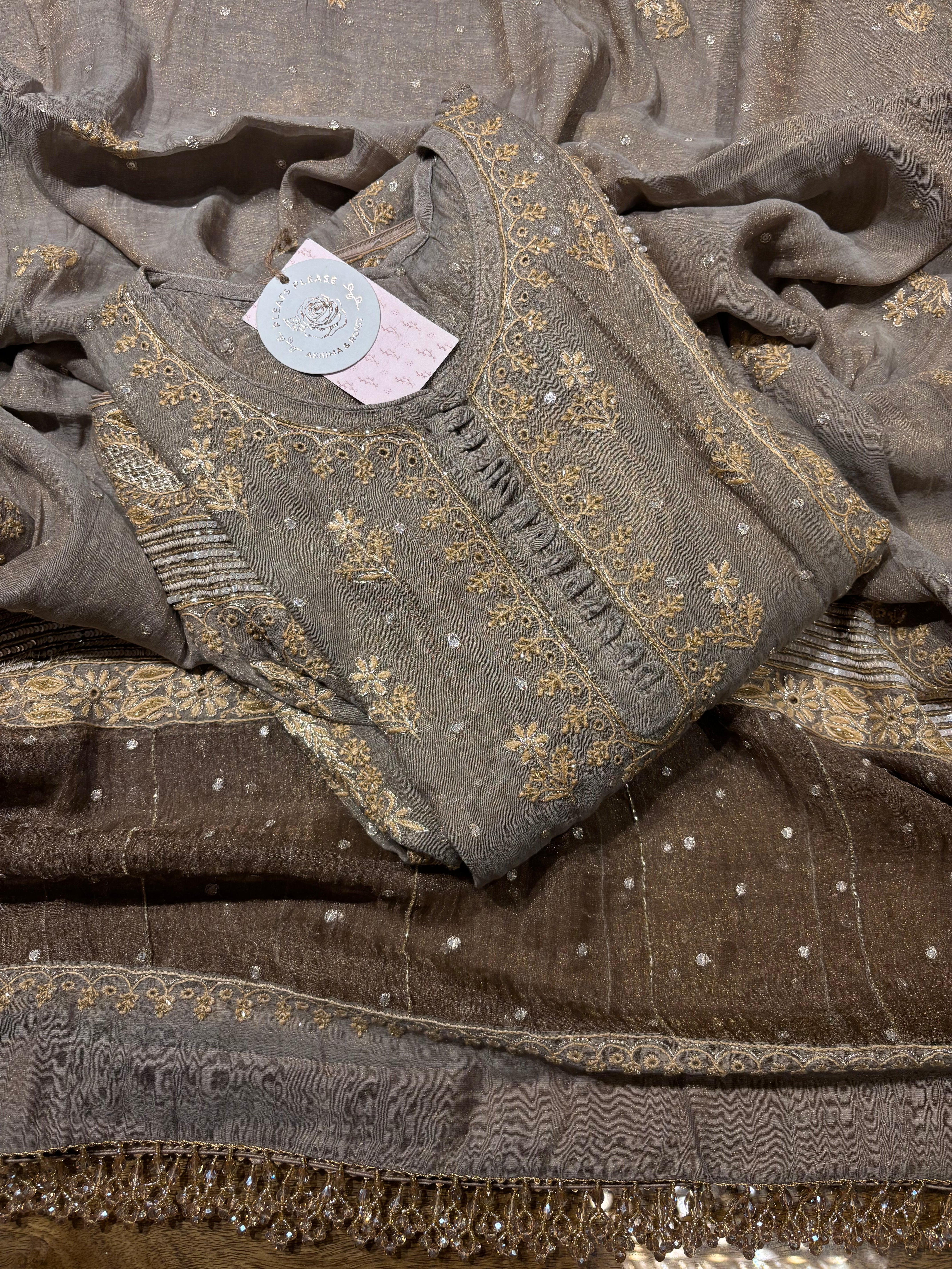 Sand Dune Tissue Chikankari Anarkali and Dupatta