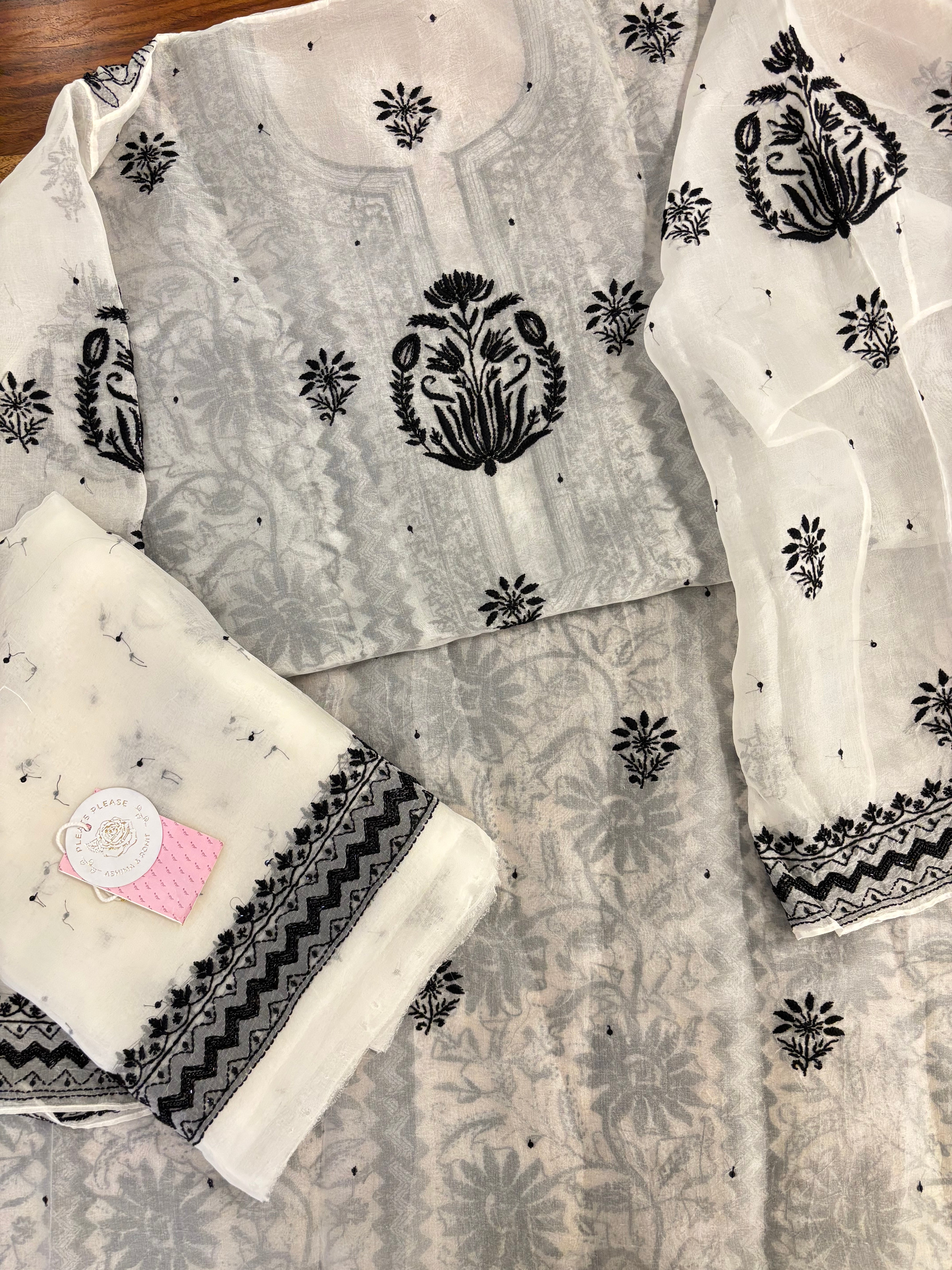 Dyeable Organza Chikankari Kurta & Dupatta - Pleats PleaseChikankari