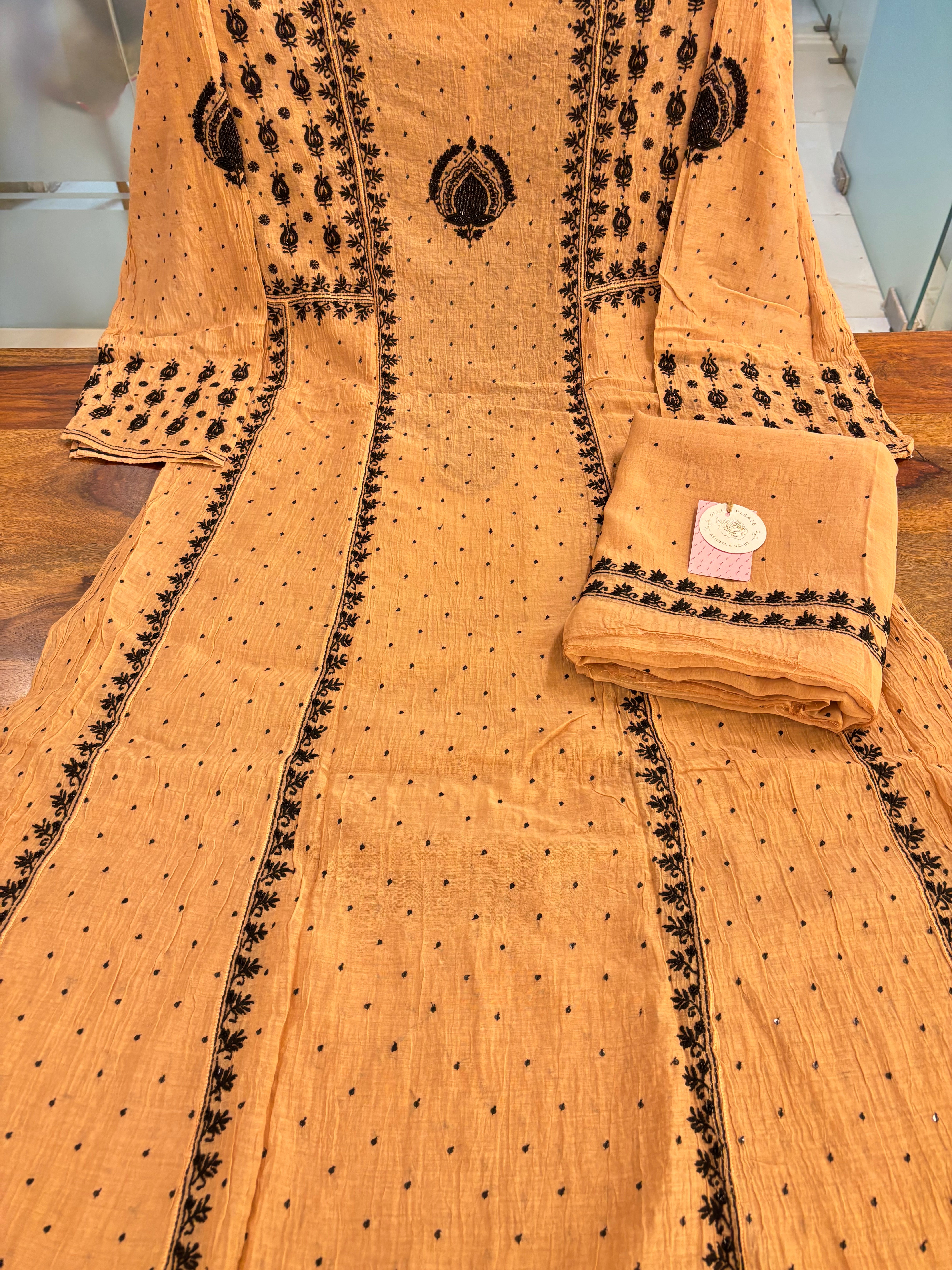Apricot Peach Chanderi Mul Chikankari A-Line Kurta & Dupatta
