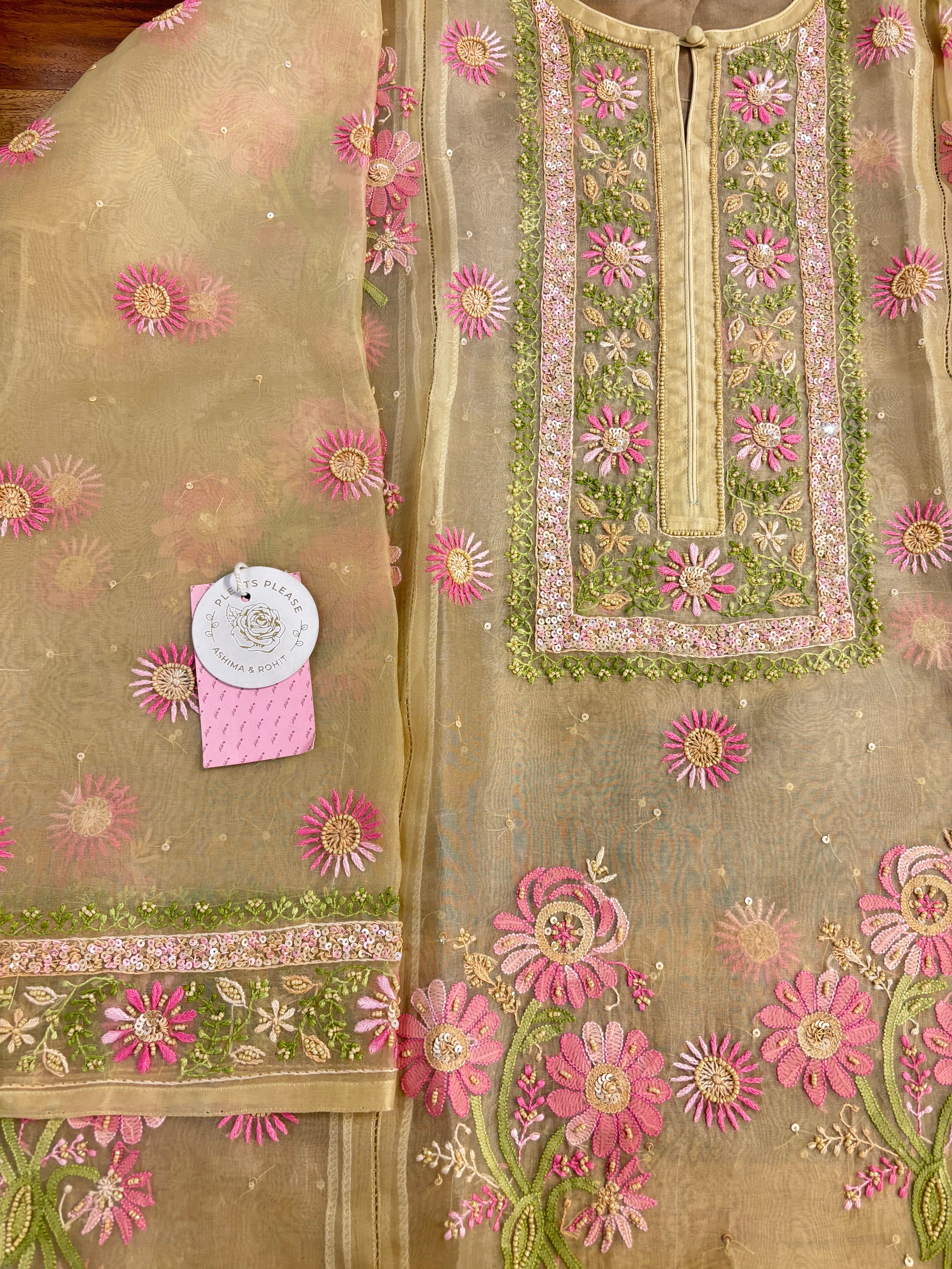 Golden Pure Organza Silk Chikankari Kurta & Dupatta