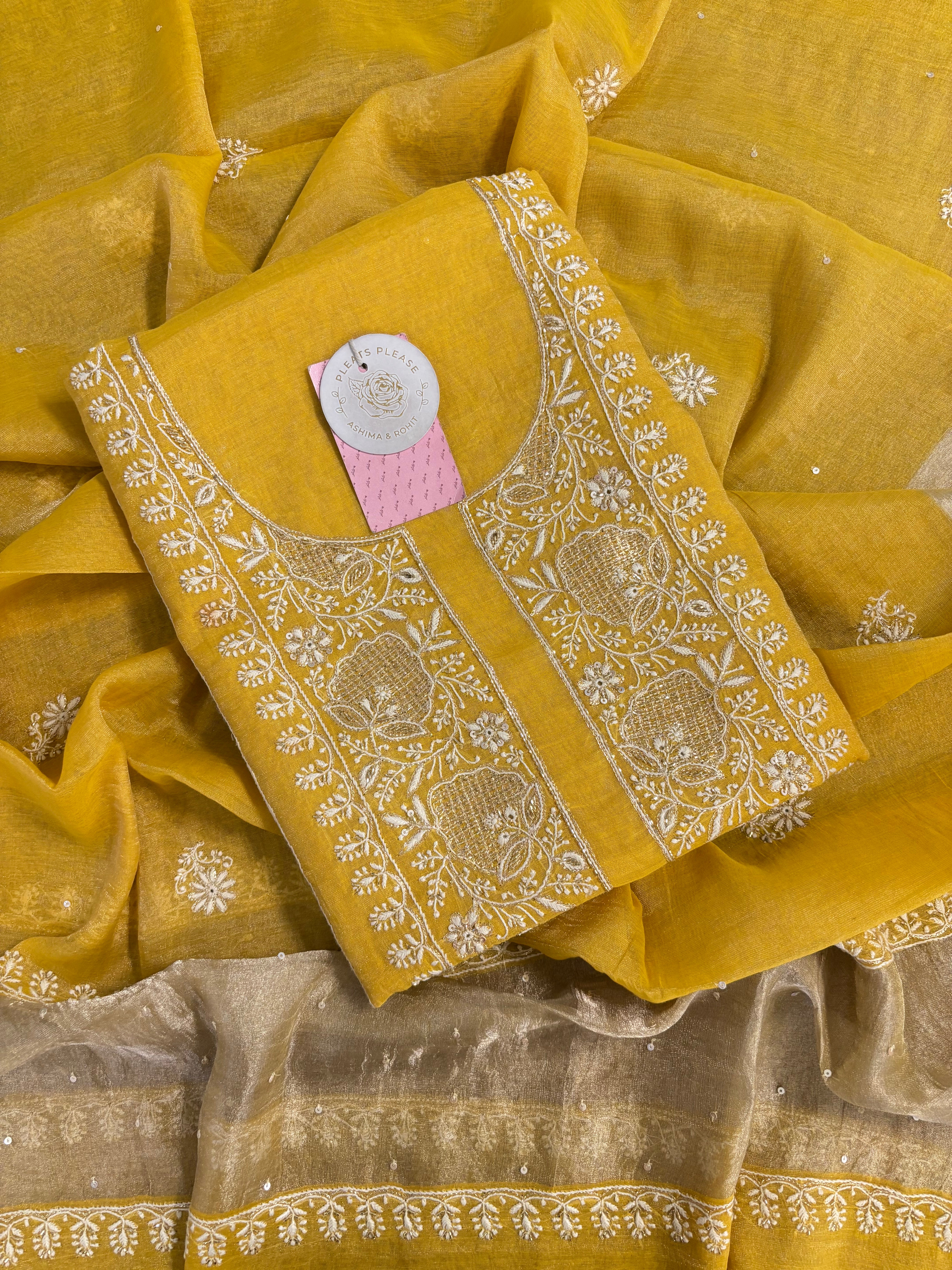 Yellow Pure & Premium Tissue Chikankari Kurta & Dupatta