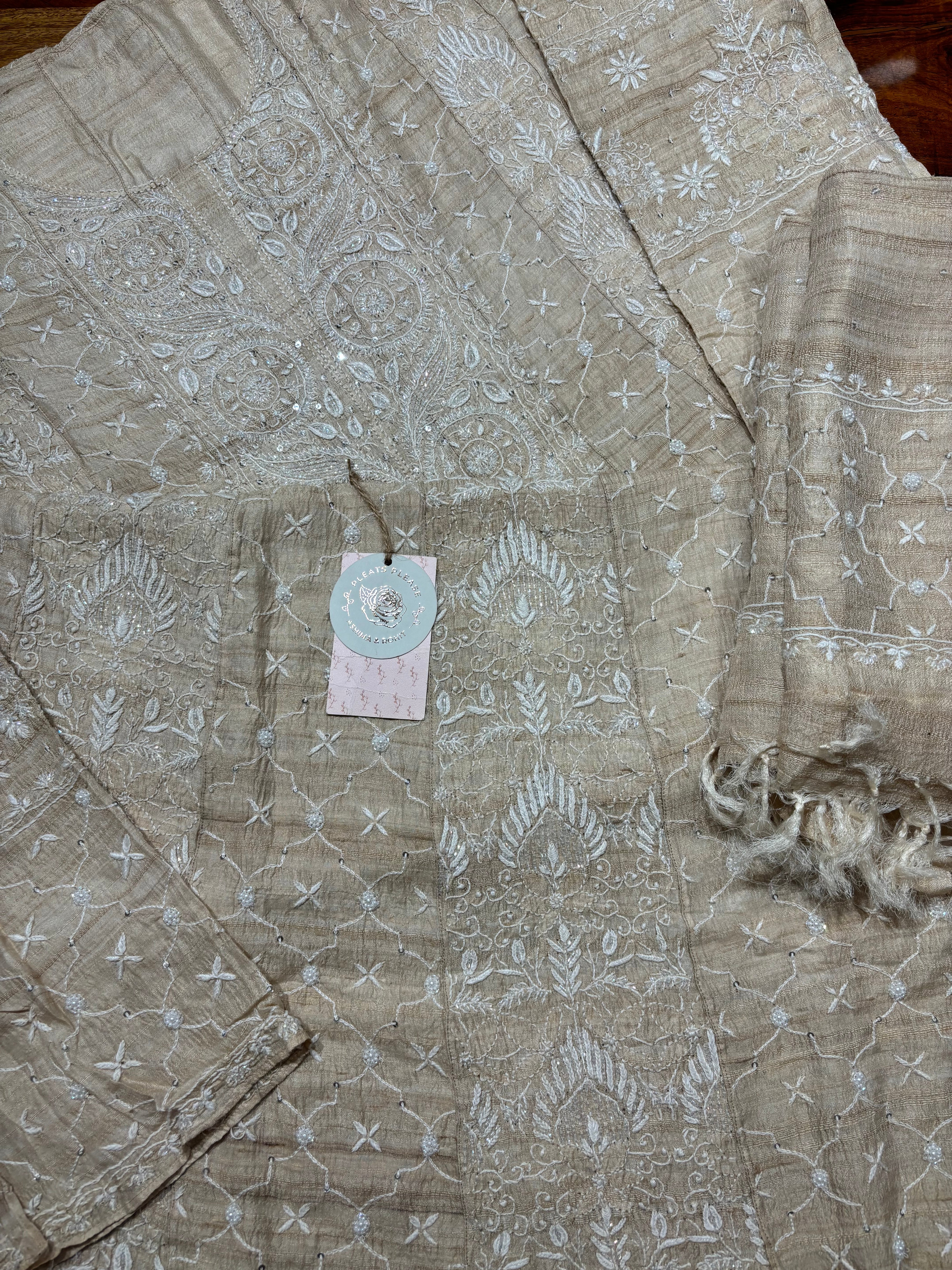 Dyeable Pure Tussar Silk Chikankari Anarkali & Dupatta Set