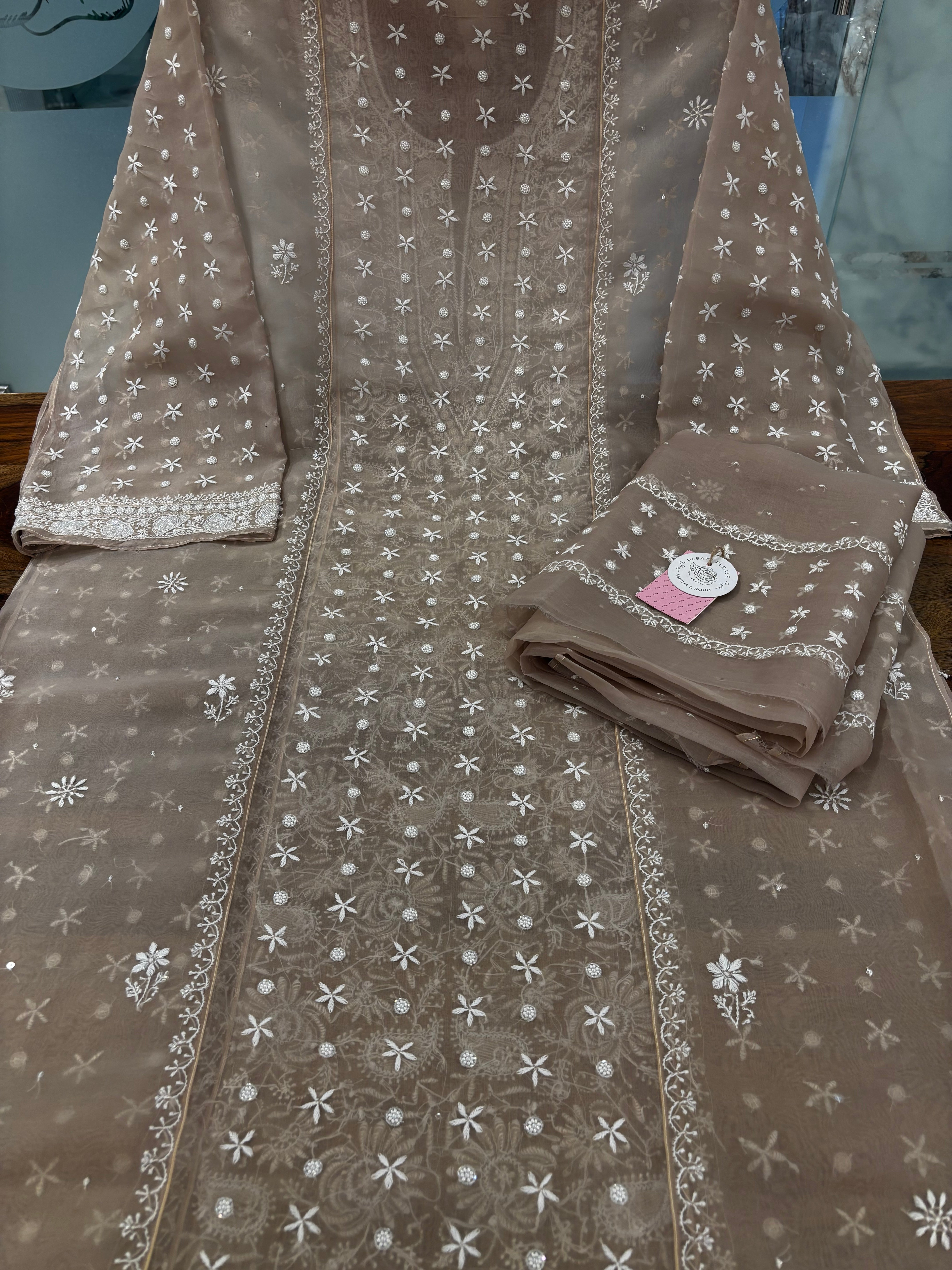 Mocha Brown Pure Organza Chikankari Kurta & Dupatta - Pleats PleaseChikankari