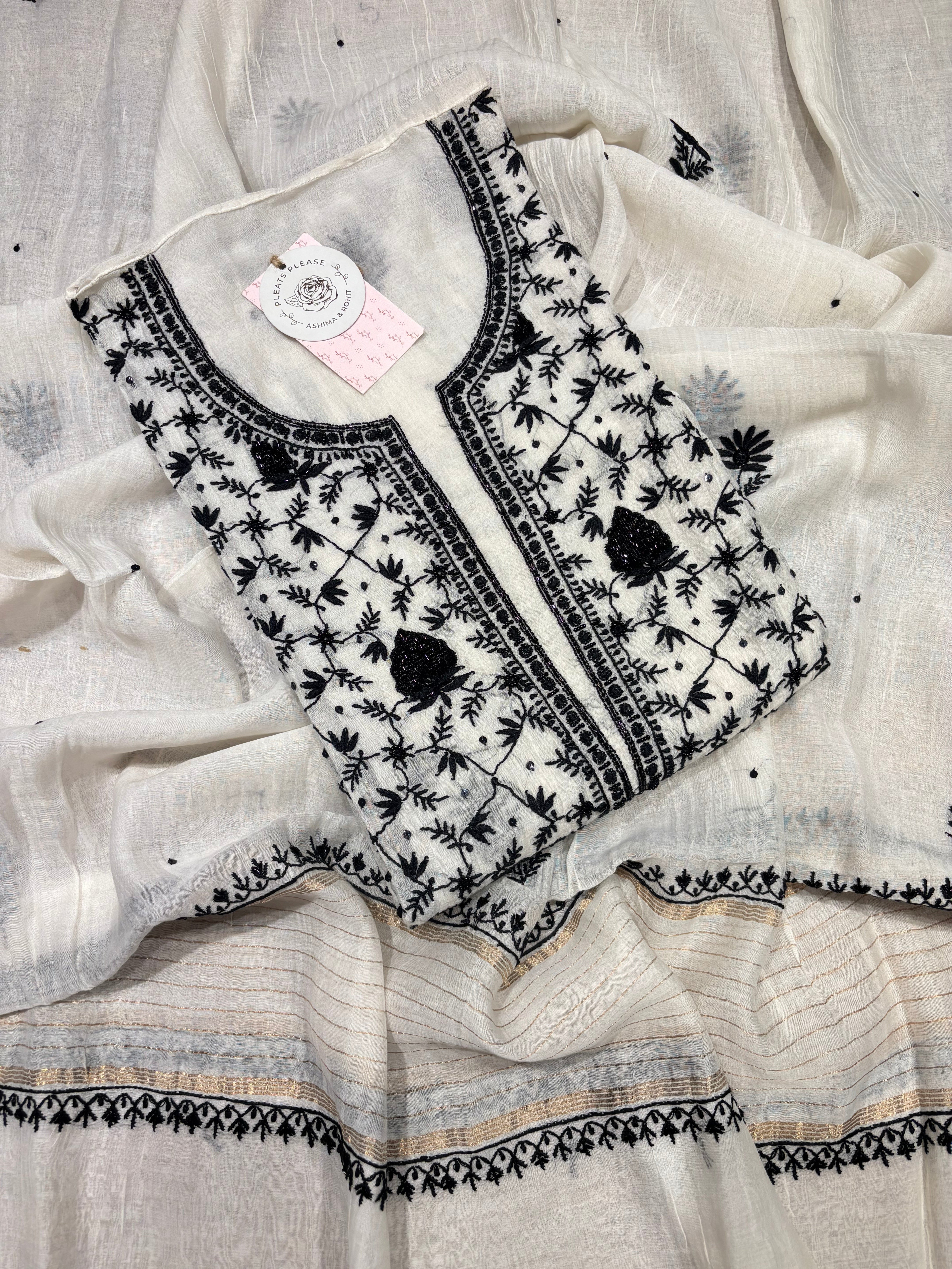 Dyeable chanderi Mul Chikankari Kurta and Dupatta Set