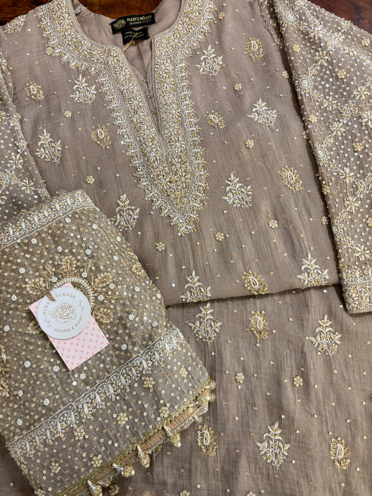 Taupe-Brown Pure & Premium Tissue Chikankari Kurta & Dupatta