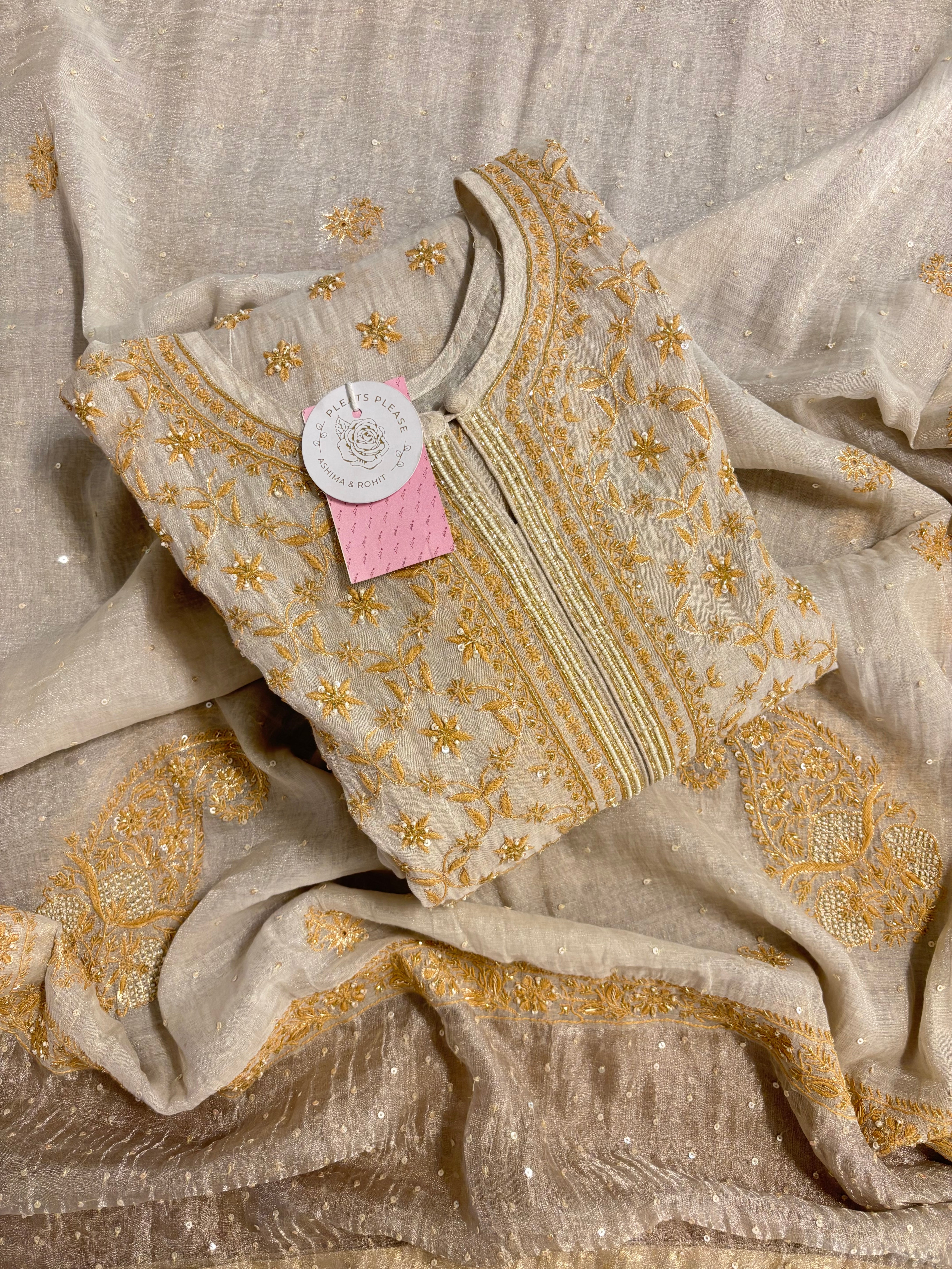 Dyeable Pure & Premium Silver Tissue Chikankari Anarkali & Dupatta Set