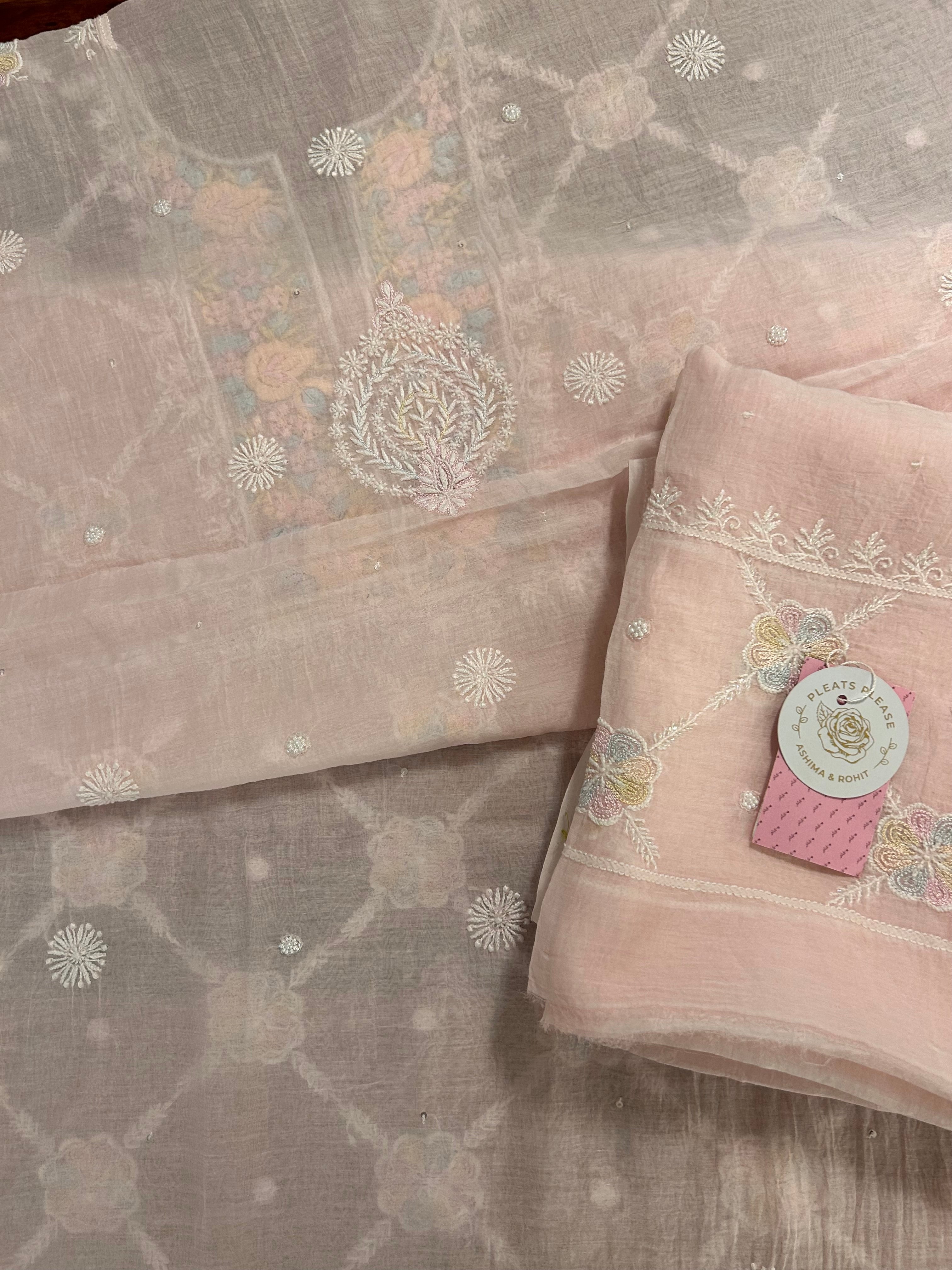 Baby Pink Chanderi Mul Parsi Gara Chikankari Kurta & Dupatta