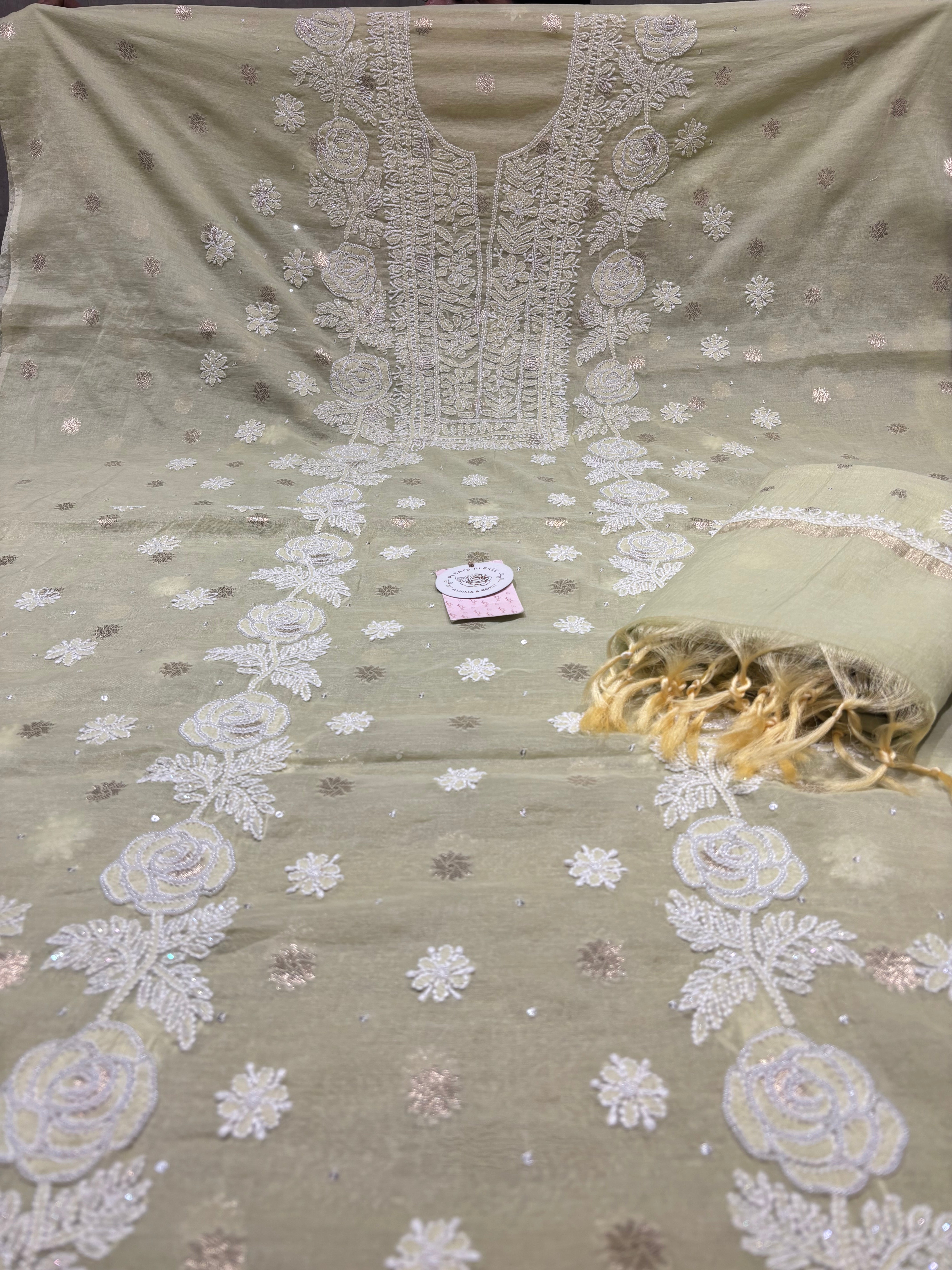Pistachio Green Chanderi Silk Chikankari Kurta & Dupatta Fabric