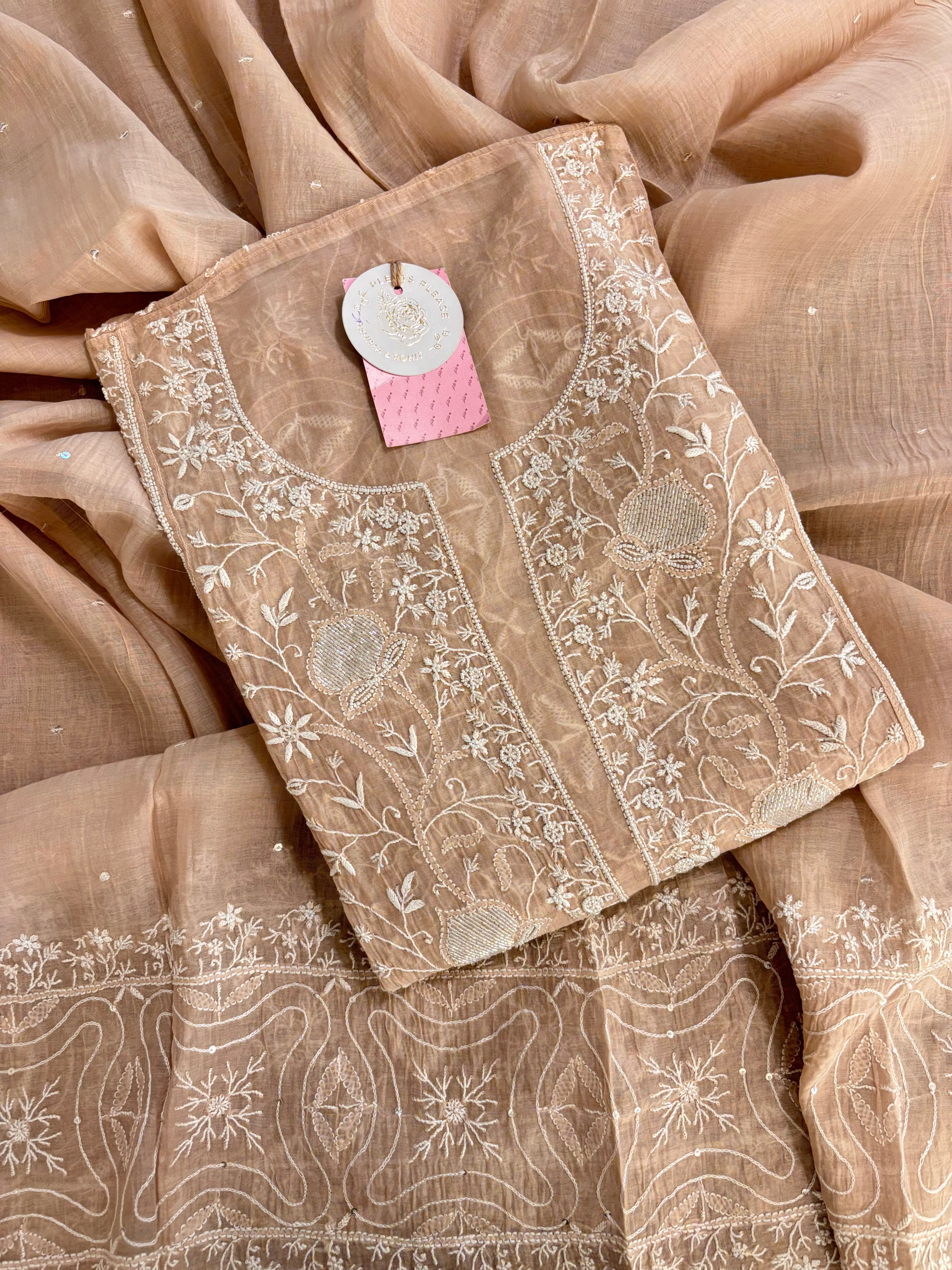 Pastel Peach Chanderi Mul Chikankari Kurta & Dupatta