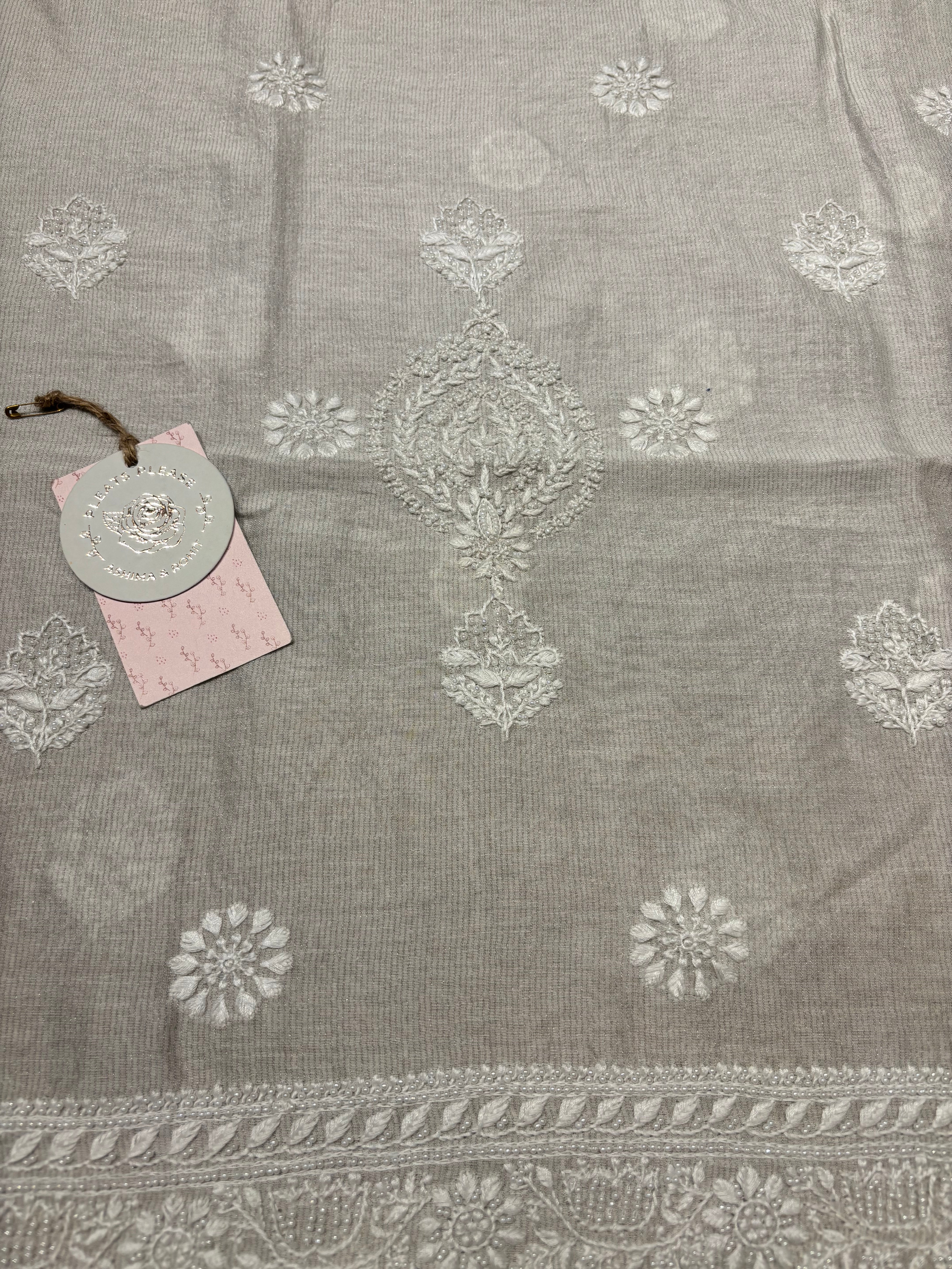 Dyeable Silver Pure And Premium Tissue Chikankari Men’s Kurta Fabric