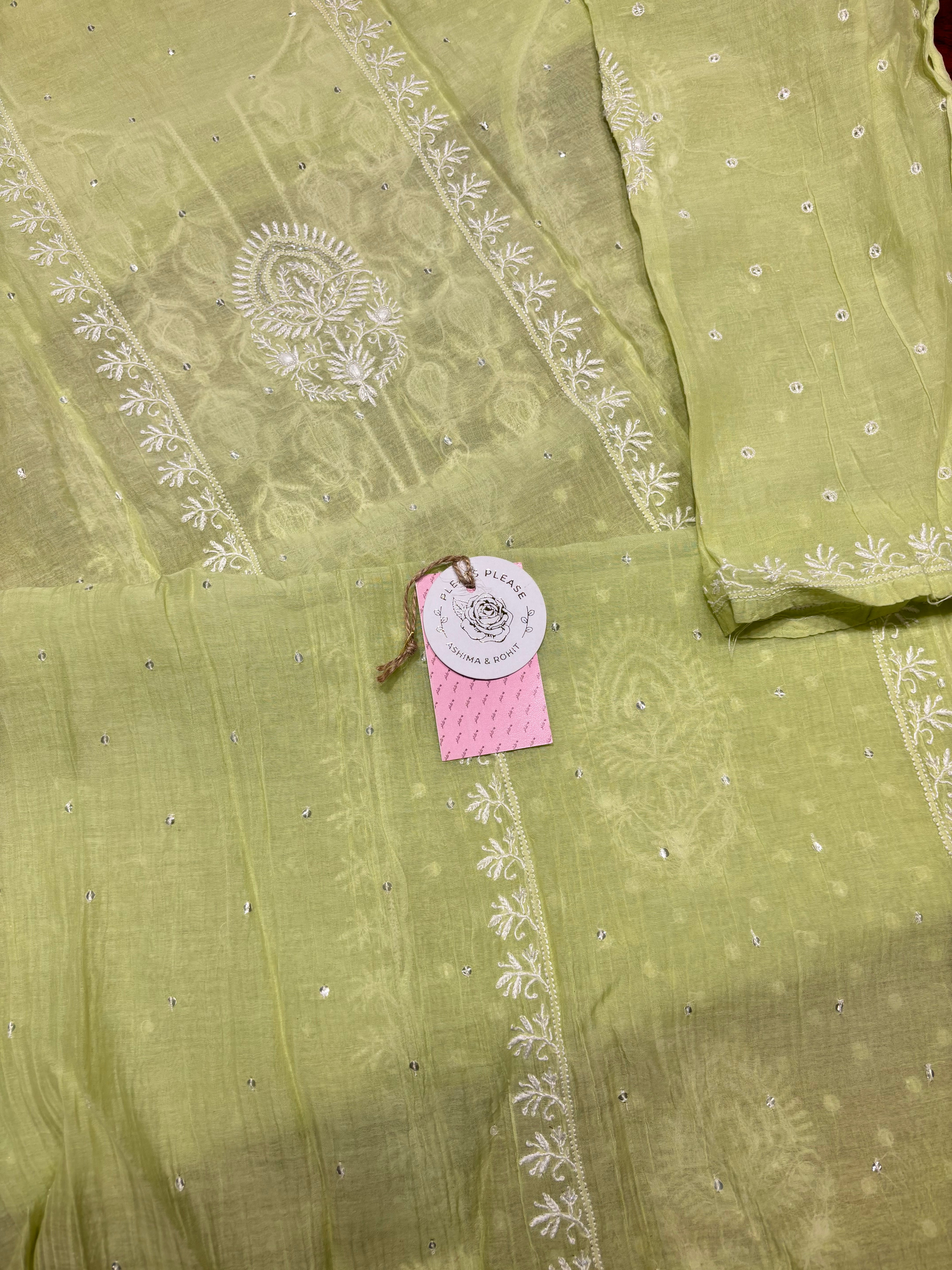Green Chanderi  mul Chikankari kurta and Dupatta set