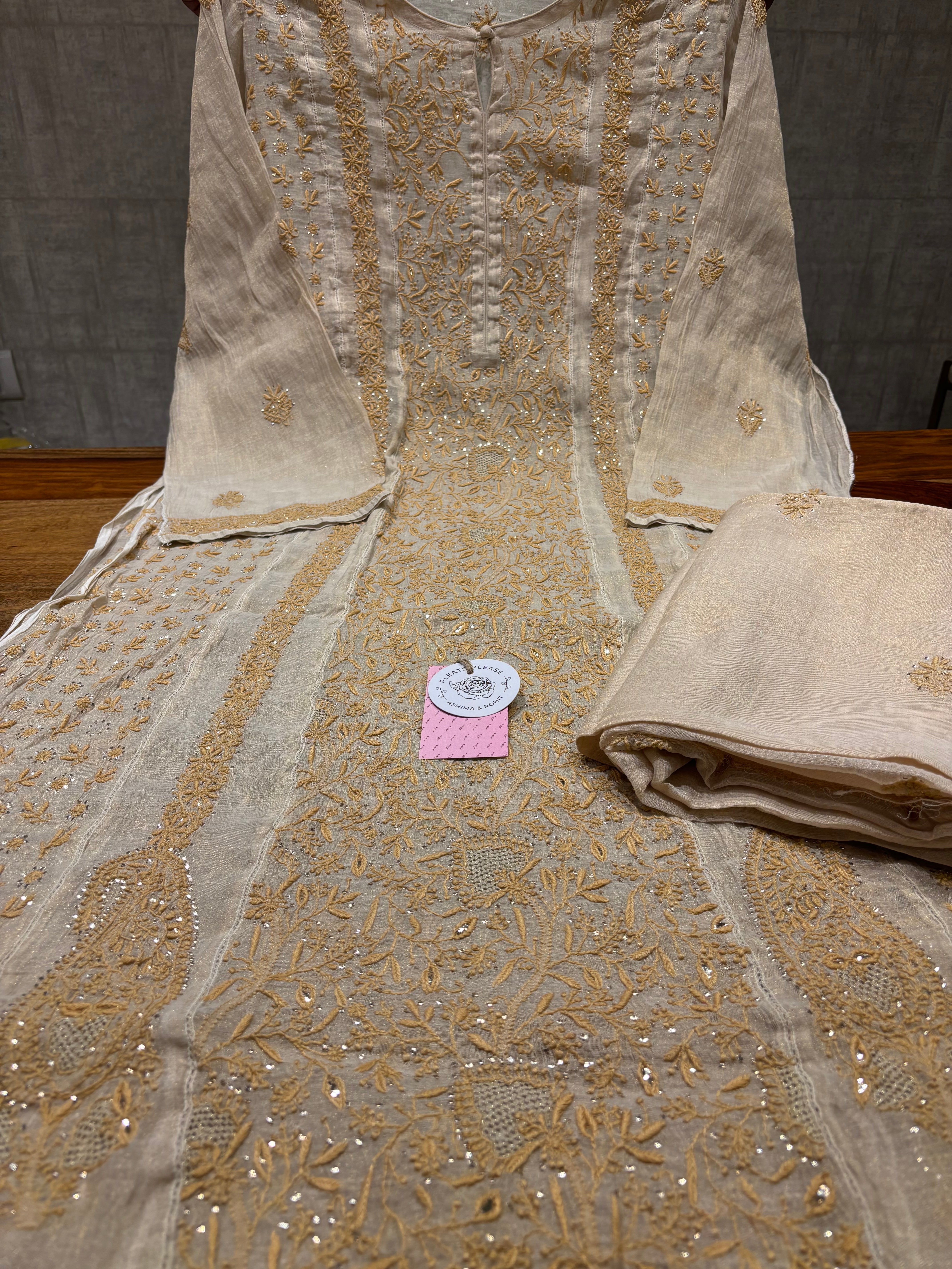 Dyeable Pure and Premium Tissue Chikankari Kalidar Kurta and Dupatta Set