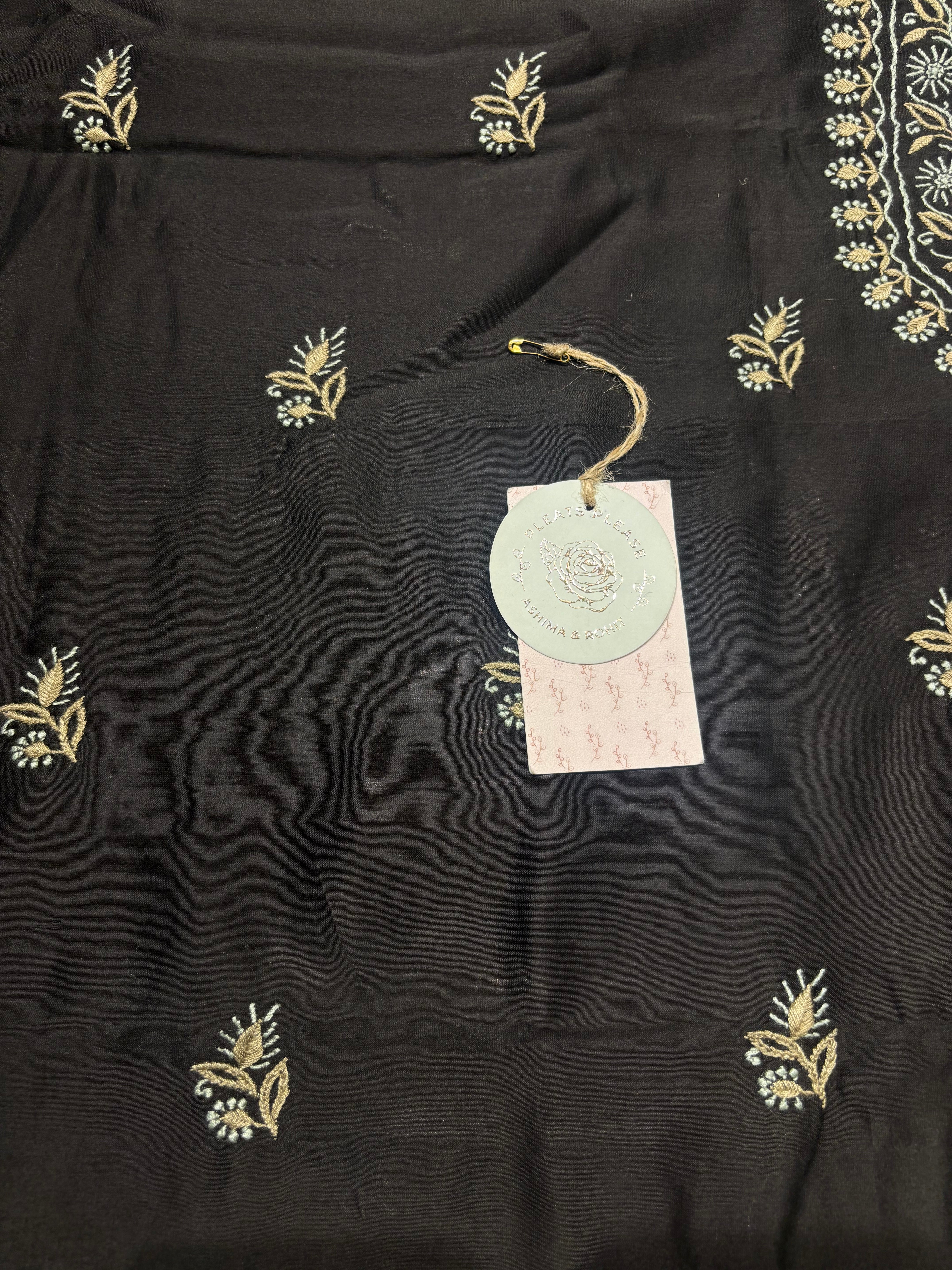 Black Chanderi Silk Chikankari Men’s Kurta Fabric