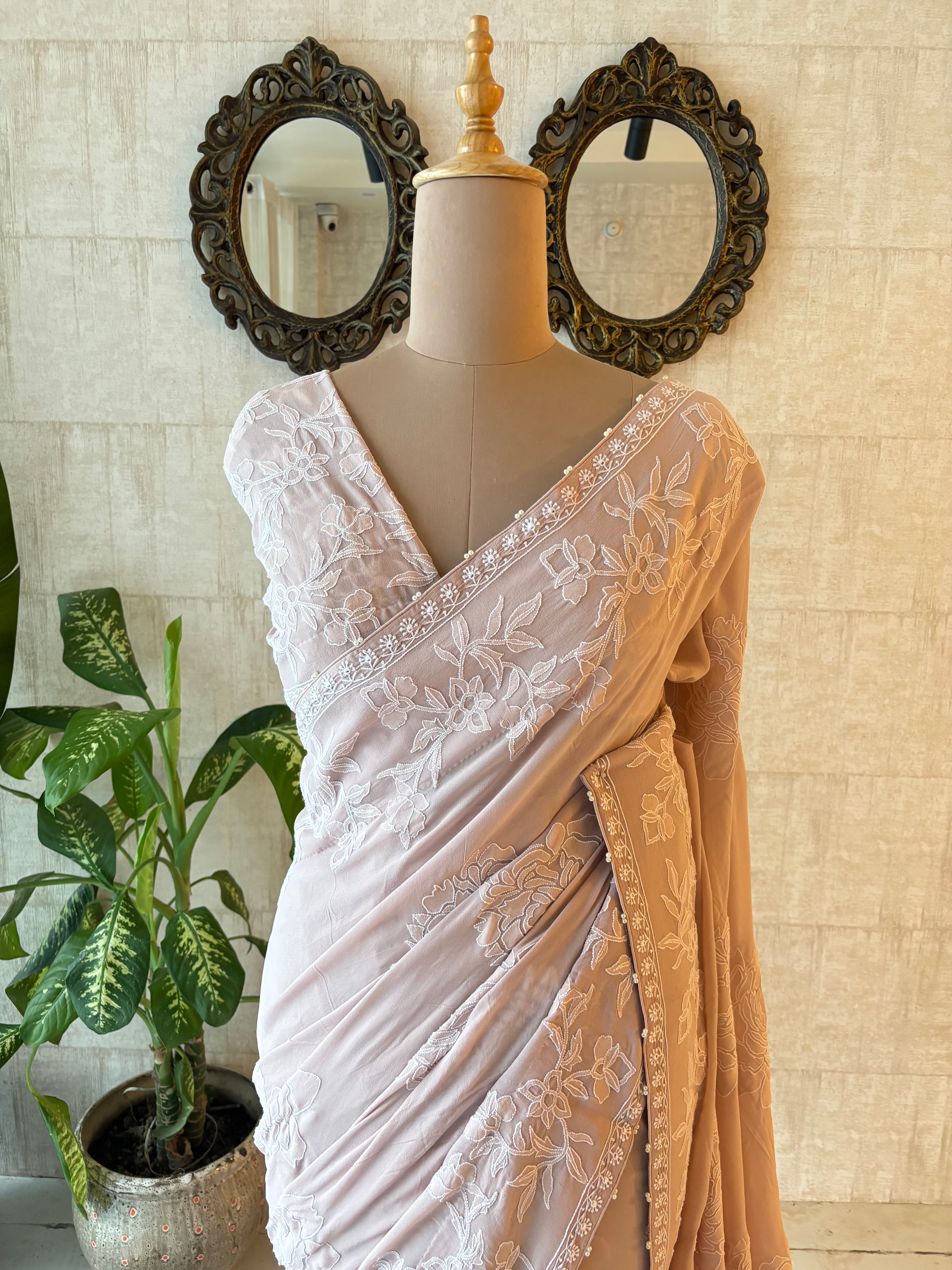 Dusty Peach Pure & Premium Georgette Chikankari Saree & Blouse