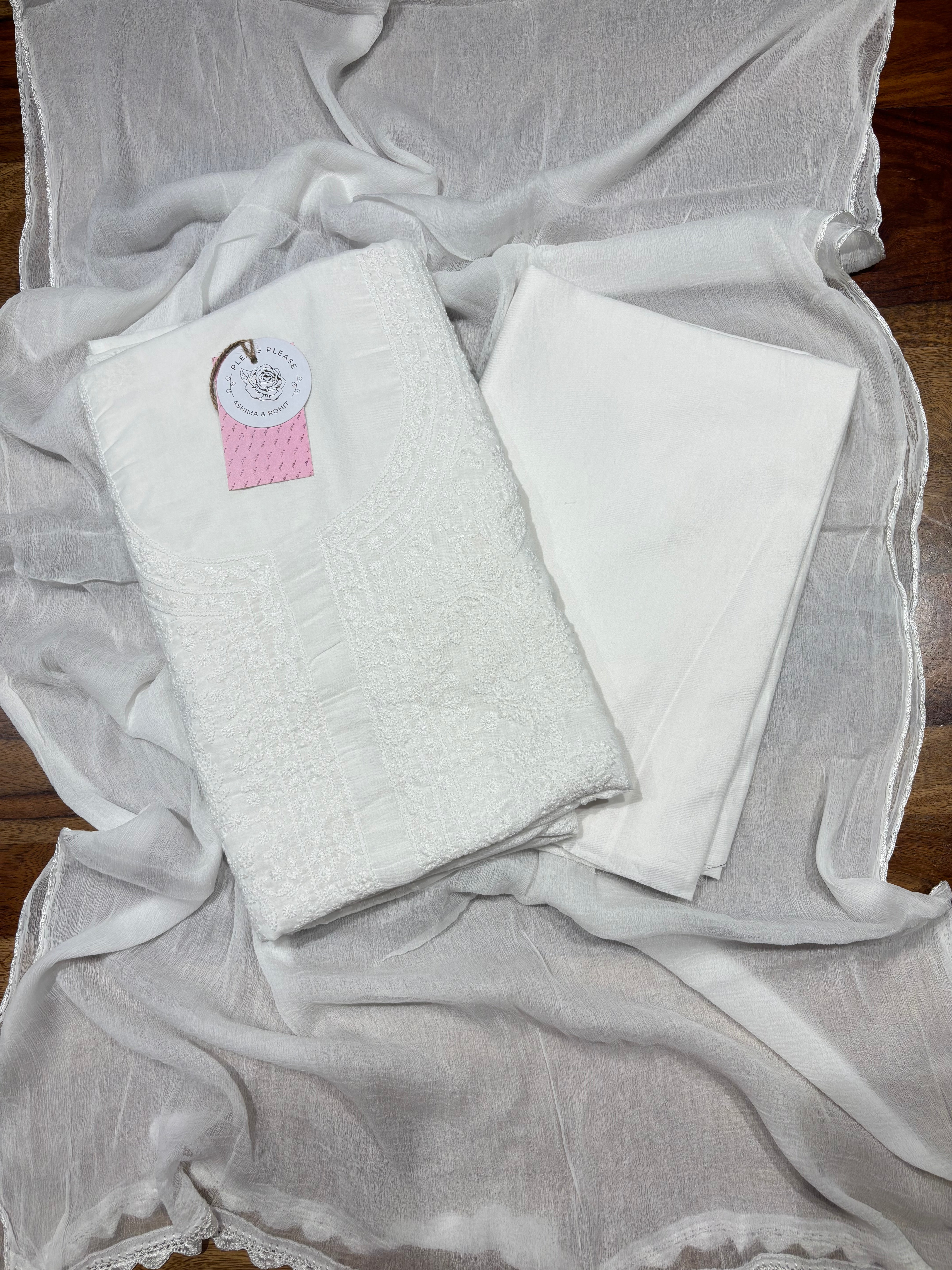 Dyeable Mulmul Chikankari Kurta, Dupatta & Bottom Fabric