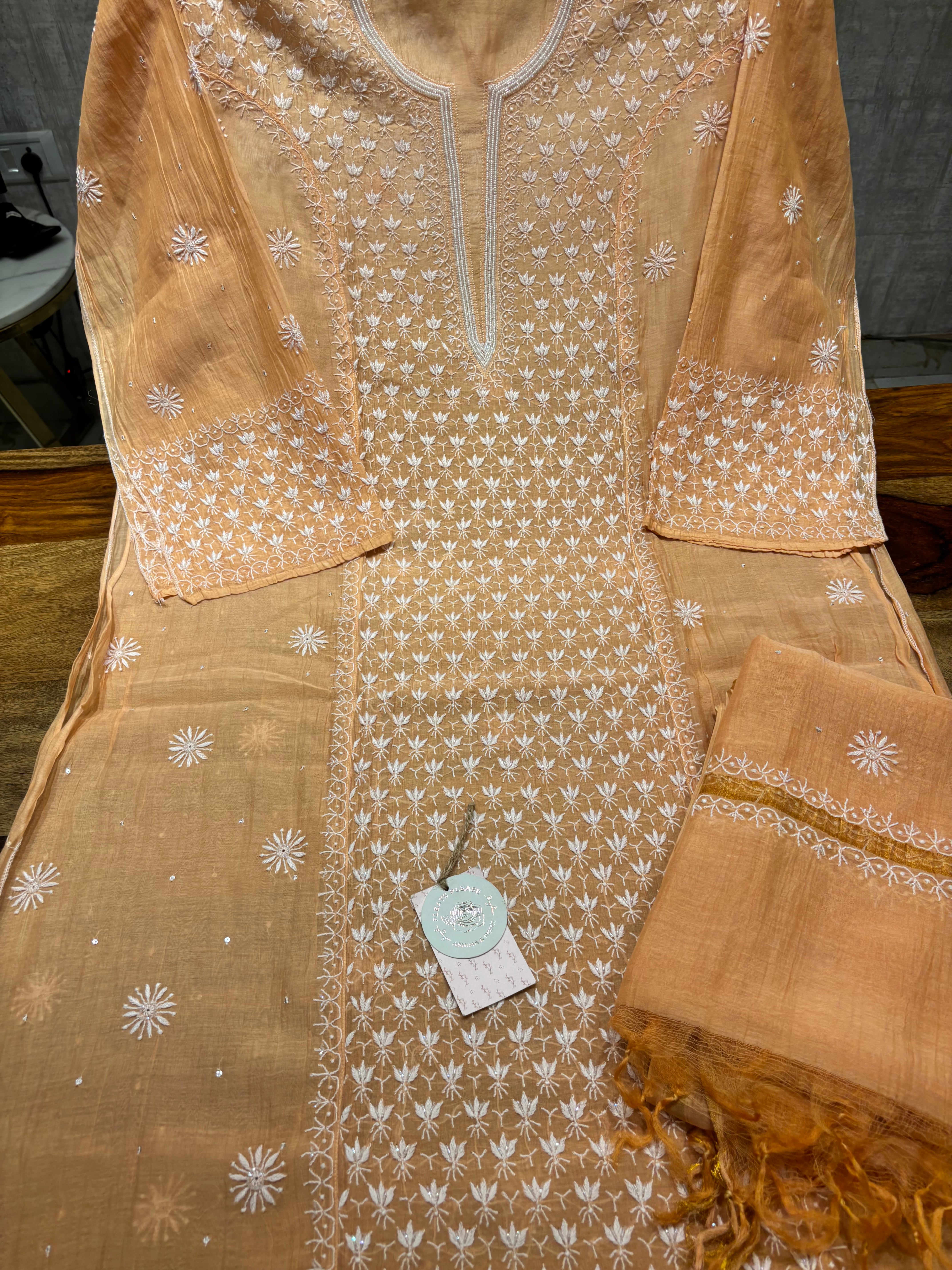 Peach Chanderi Mul Chikankari Kurta and Dupatta Set
