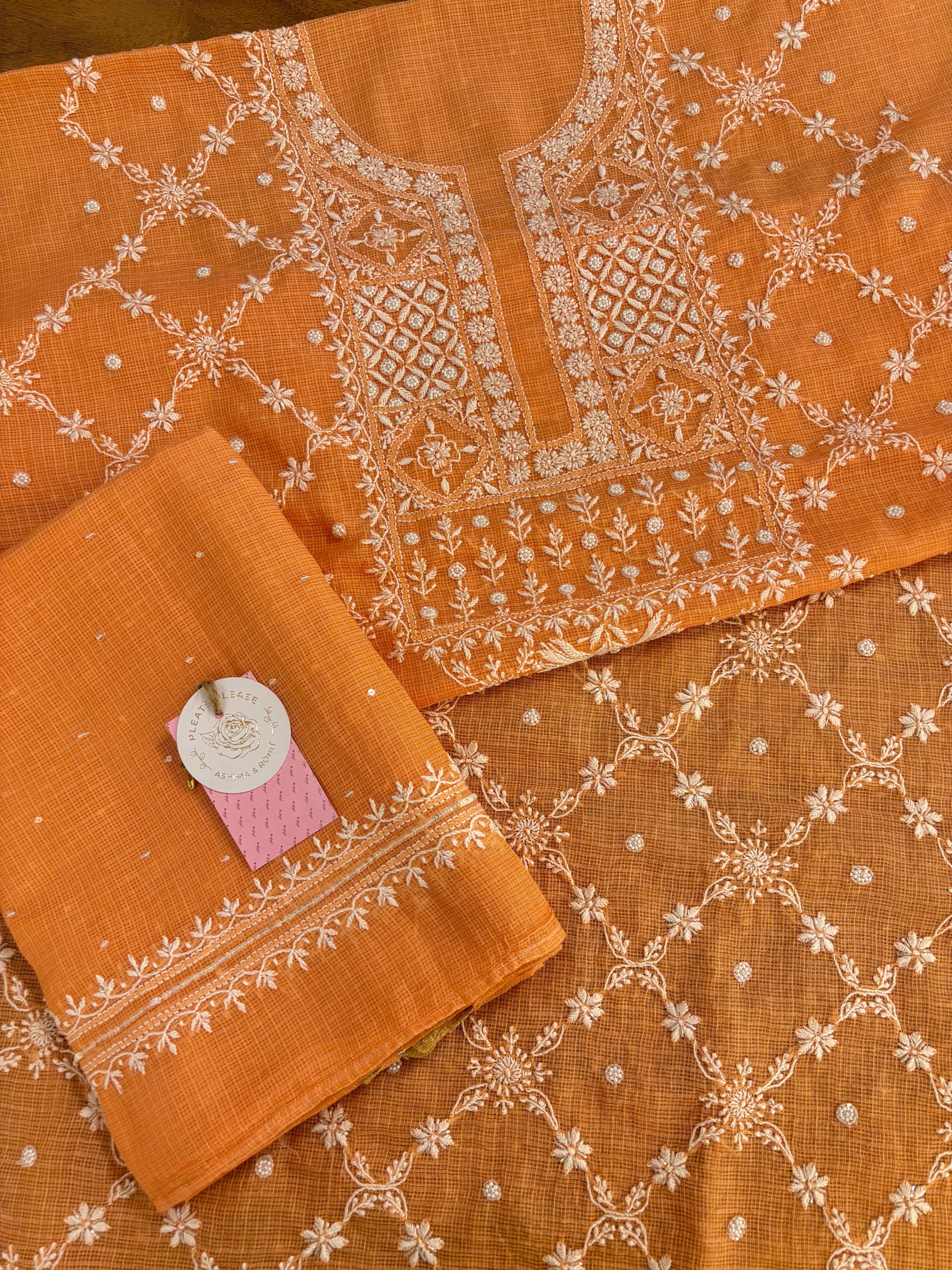 Peach Kota Doria Chikankari Kurta & Dupatta
