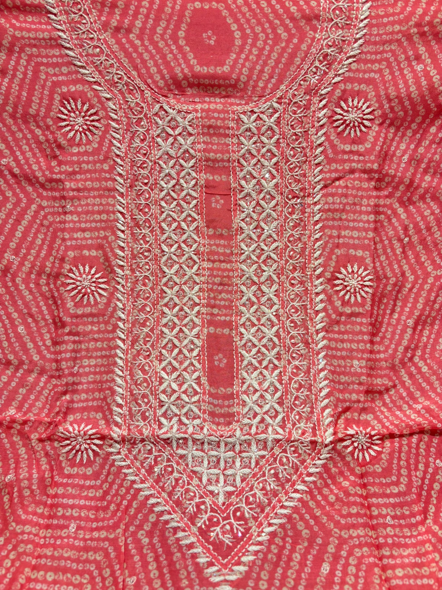 Pink Muslin Bandhani Chikankari Kurta fabric