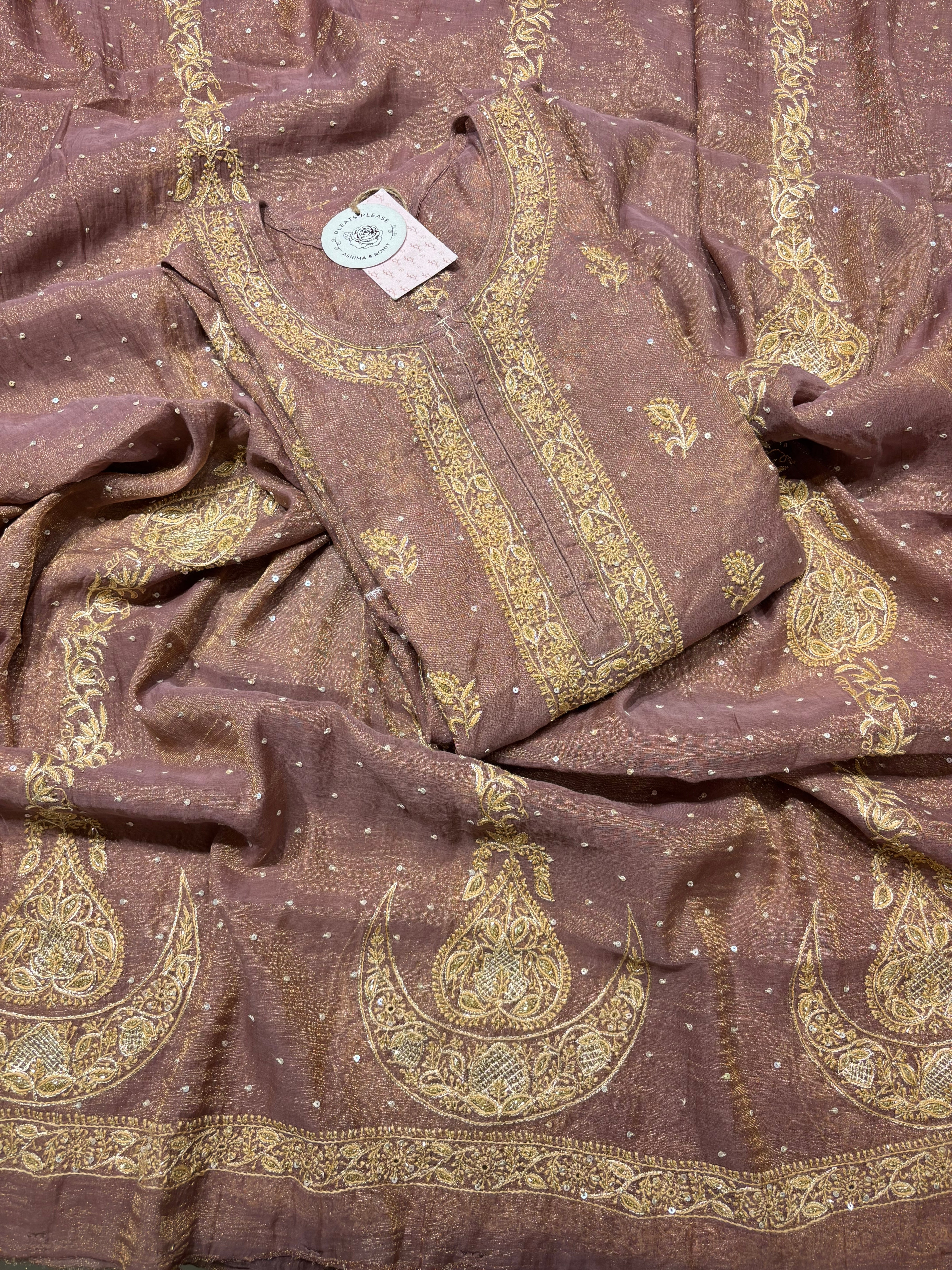 Garnet Pure and Premium Tissue Chikankari Aline Anarkali & Dupatta Set