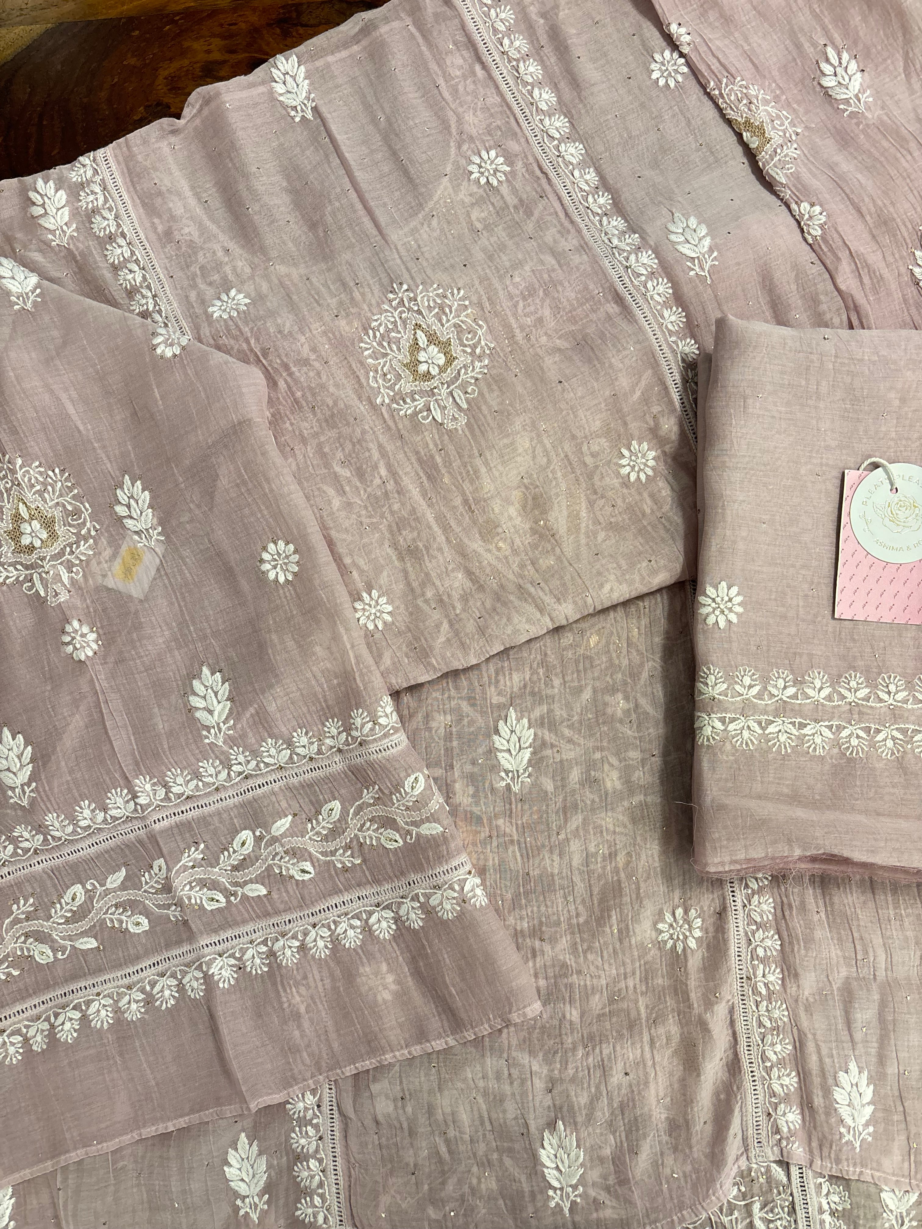 Rose Gold Chanderi Chikankari Mukaish Kurta & Dupatta - Pleats PleaseChikankari