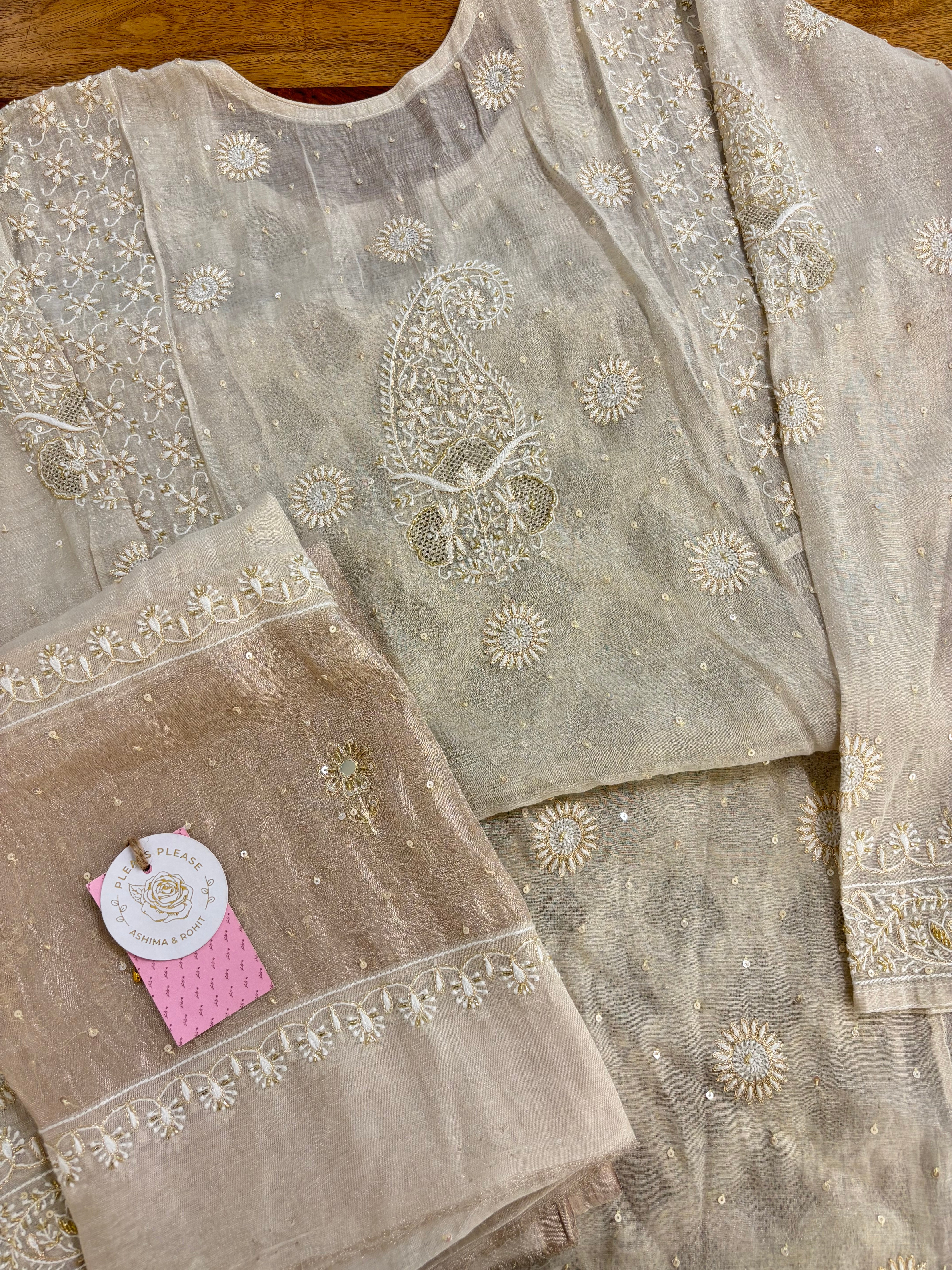 Dyeable Pure & Premium Silver Tissue Chikankari Anarkali & Dupatta