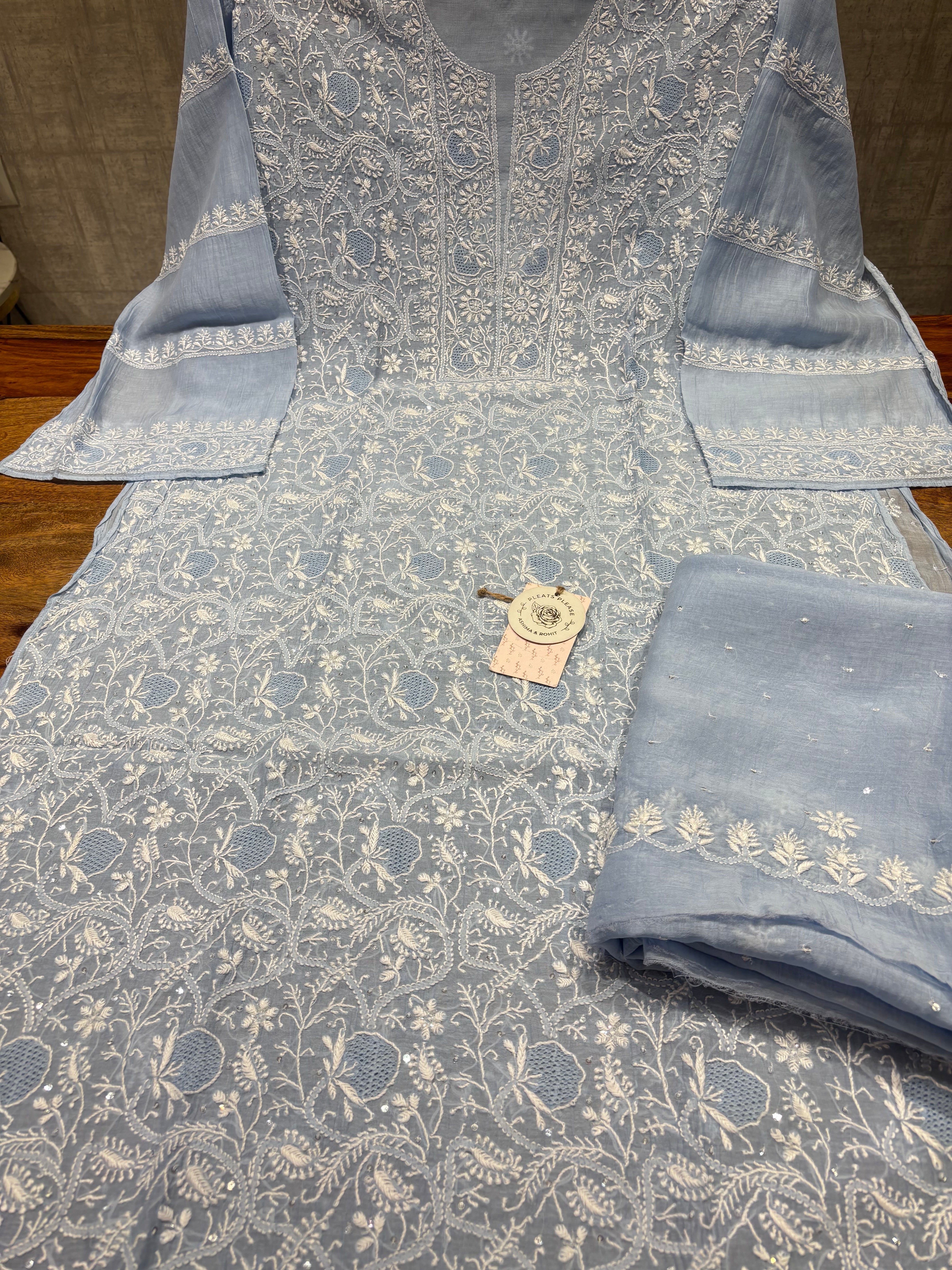 Powder Blue Chanderi Mul Chikankari Kurta & Dupatta Set