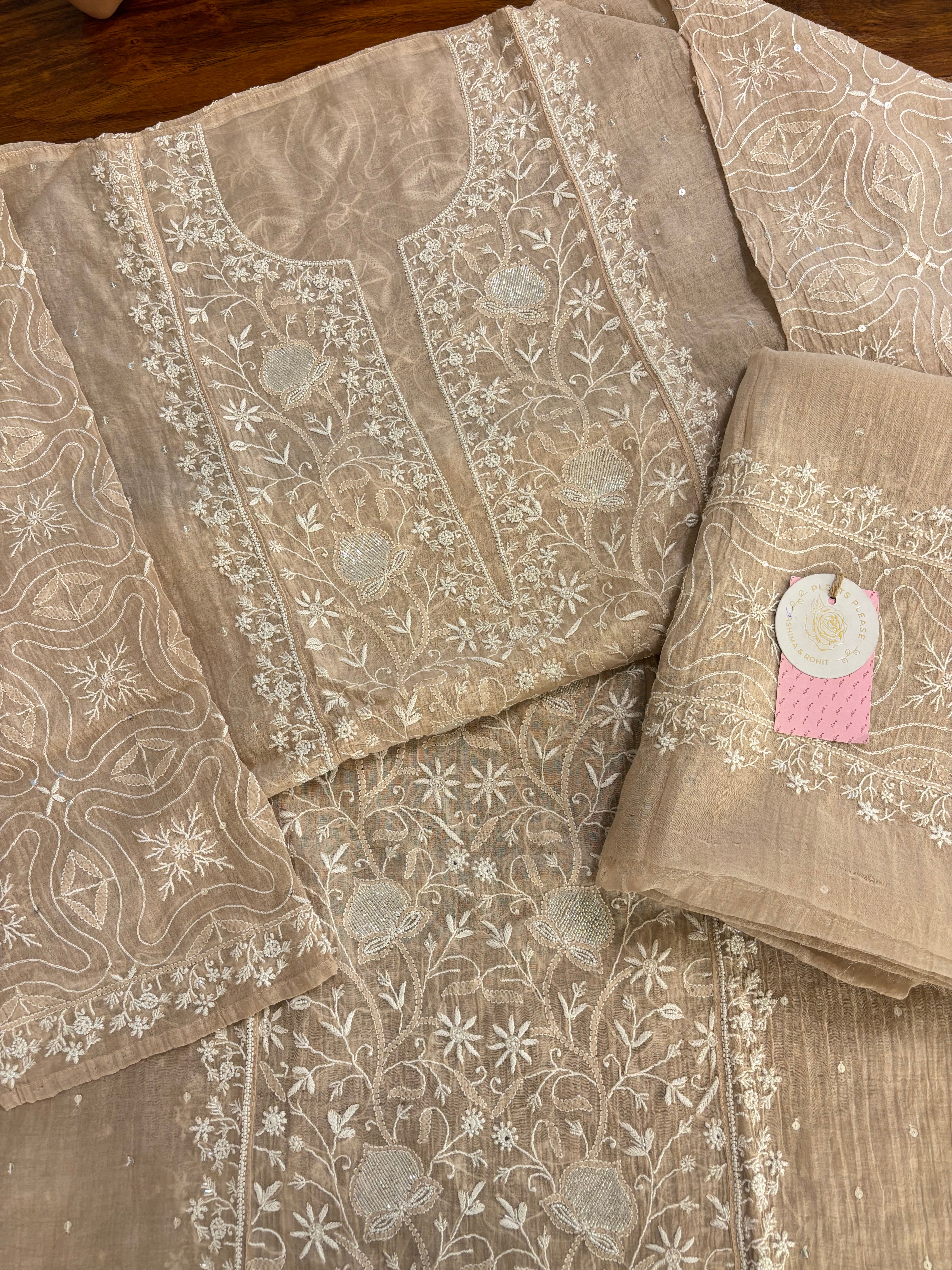 Pastel Peach Chanderi Mul Chikankari Kurta & Dupatta