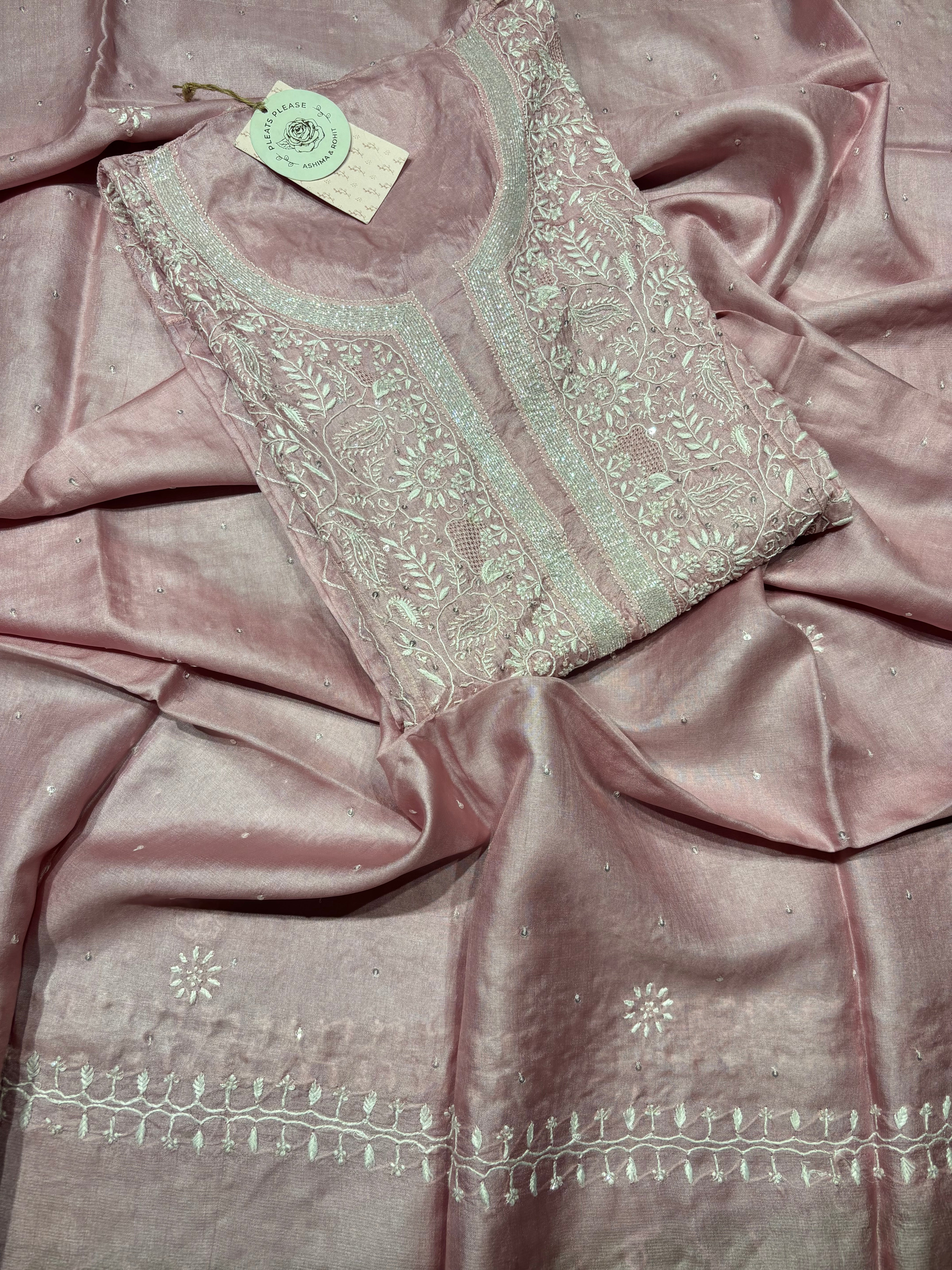 Onion Pink Tussar Silk Chikankari Kurta And Dupatta Set