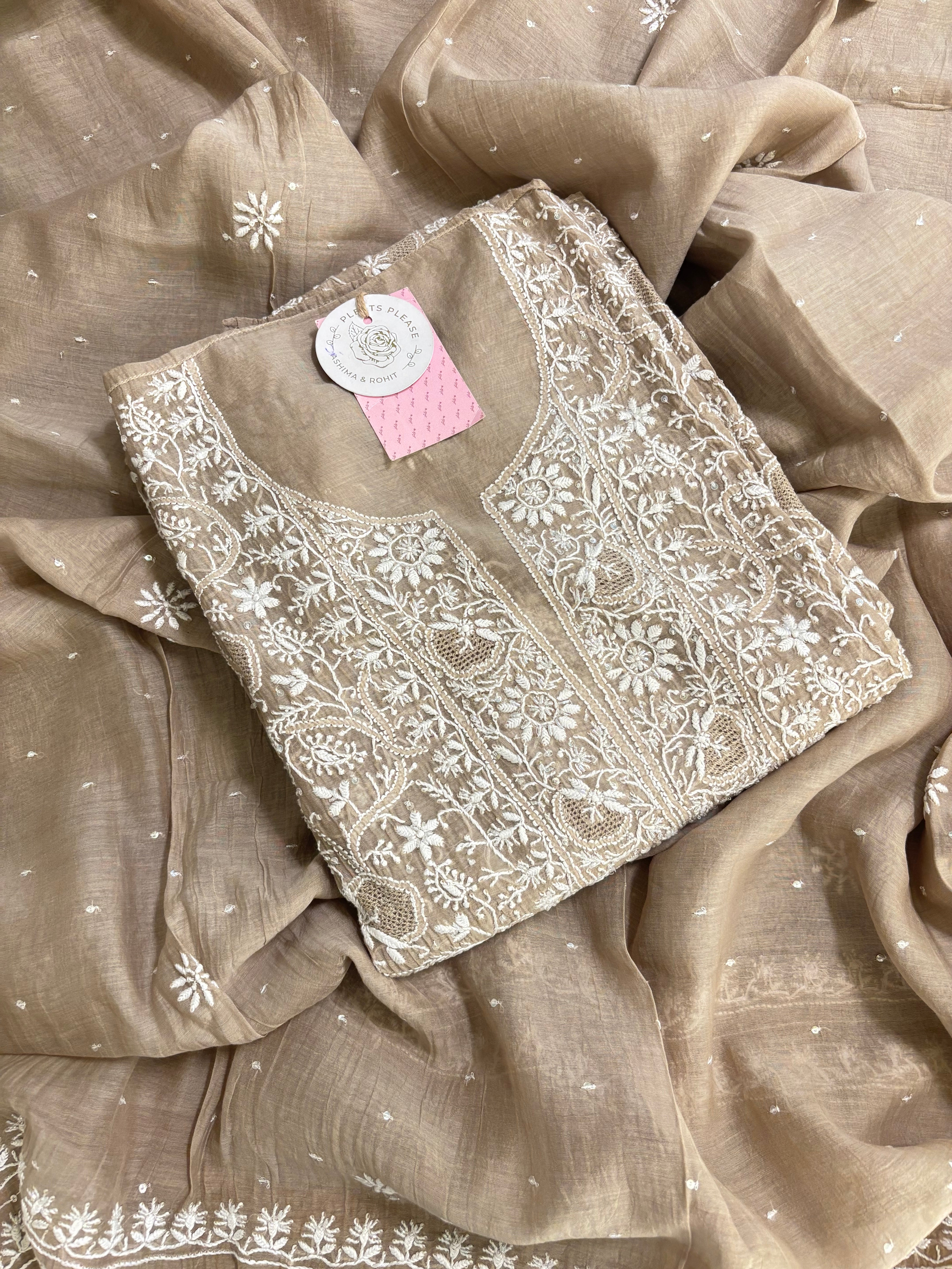 Camel Brown Chanderi Mul Chikankari Kurta  and Dupatta