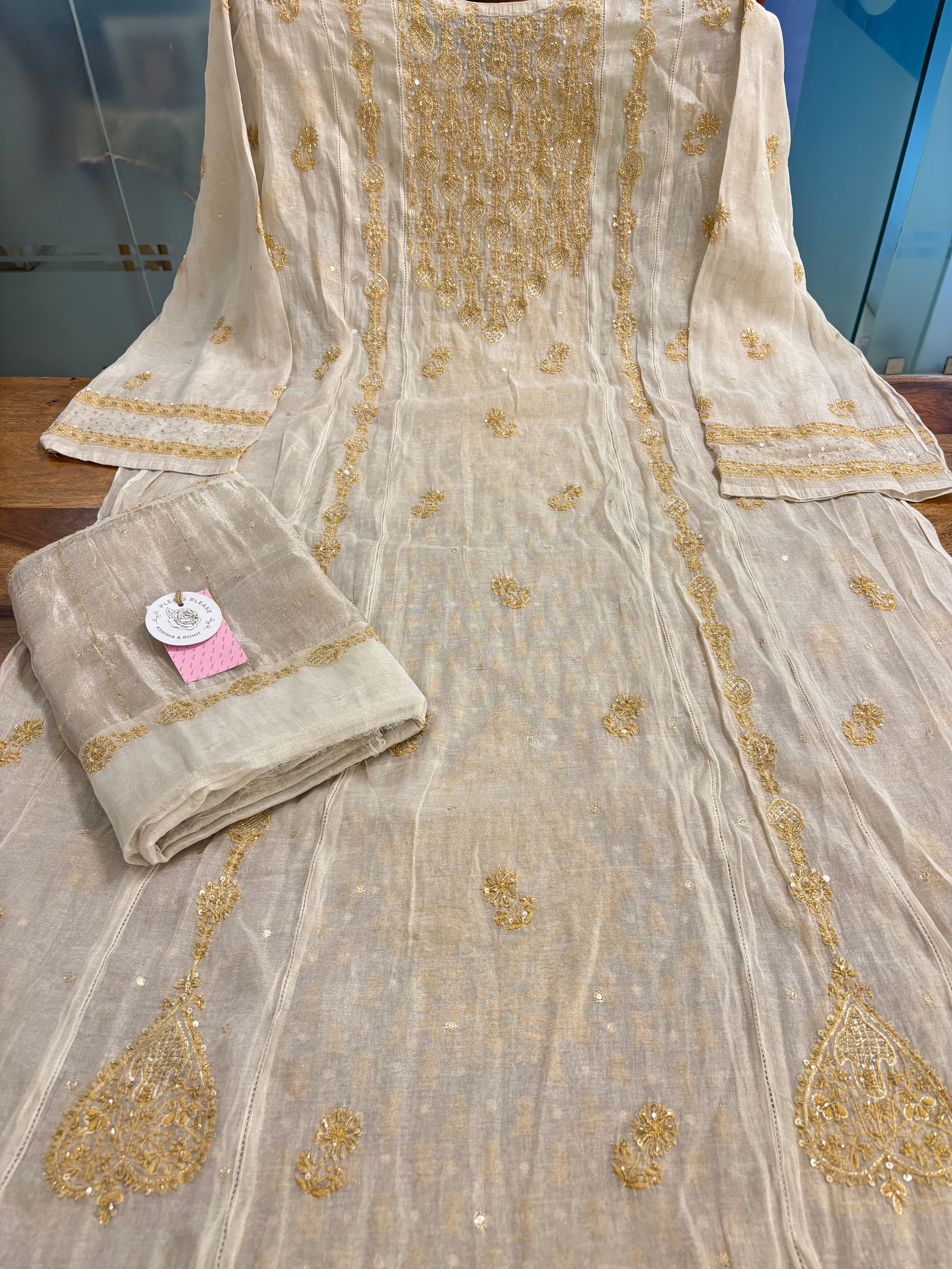 Dyeable Ivory Silver Pure & Premium Tissue Chikankari Kurta & Dupatta