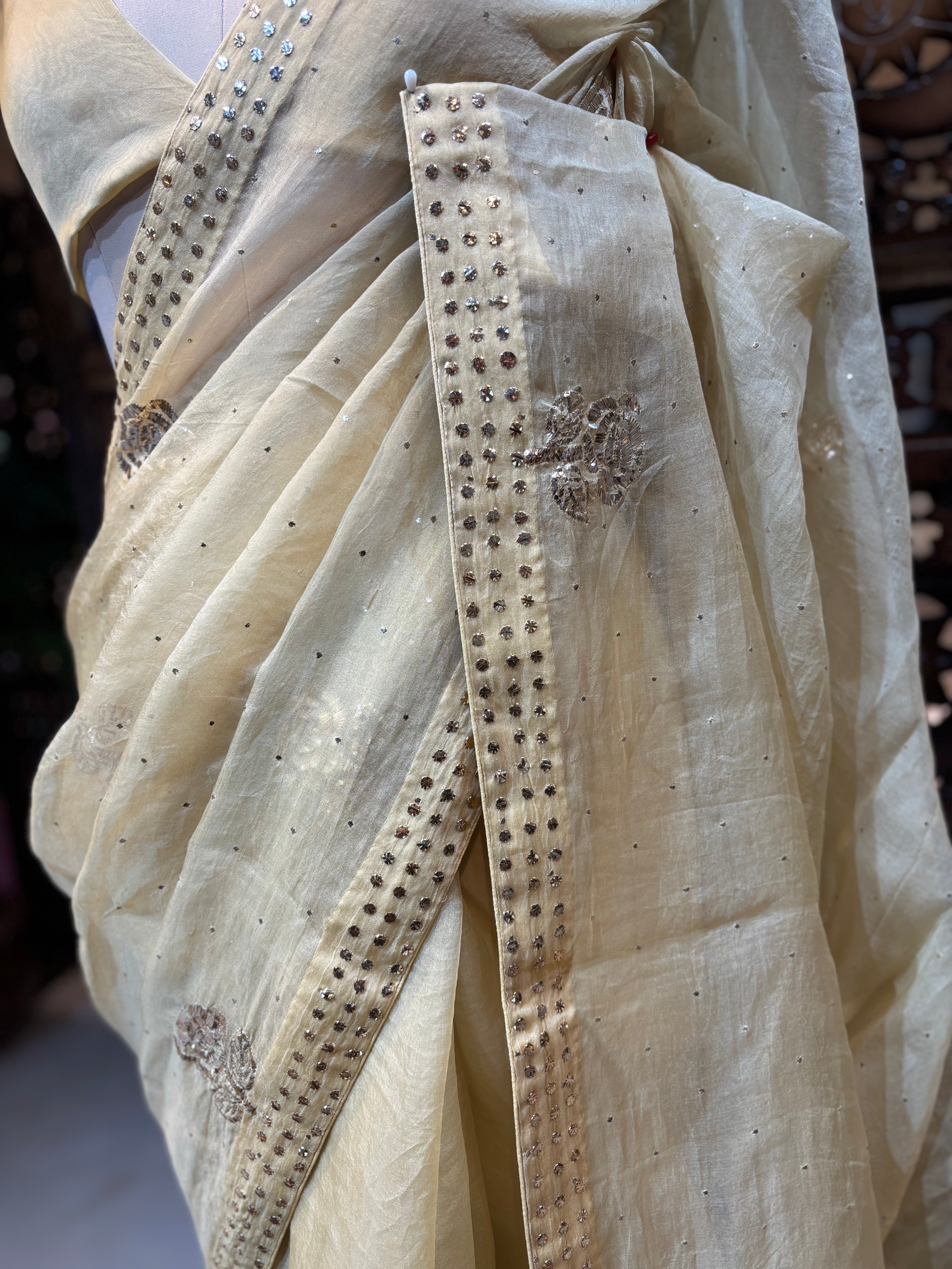 Beige Gold Organza Silk Badla Saree
