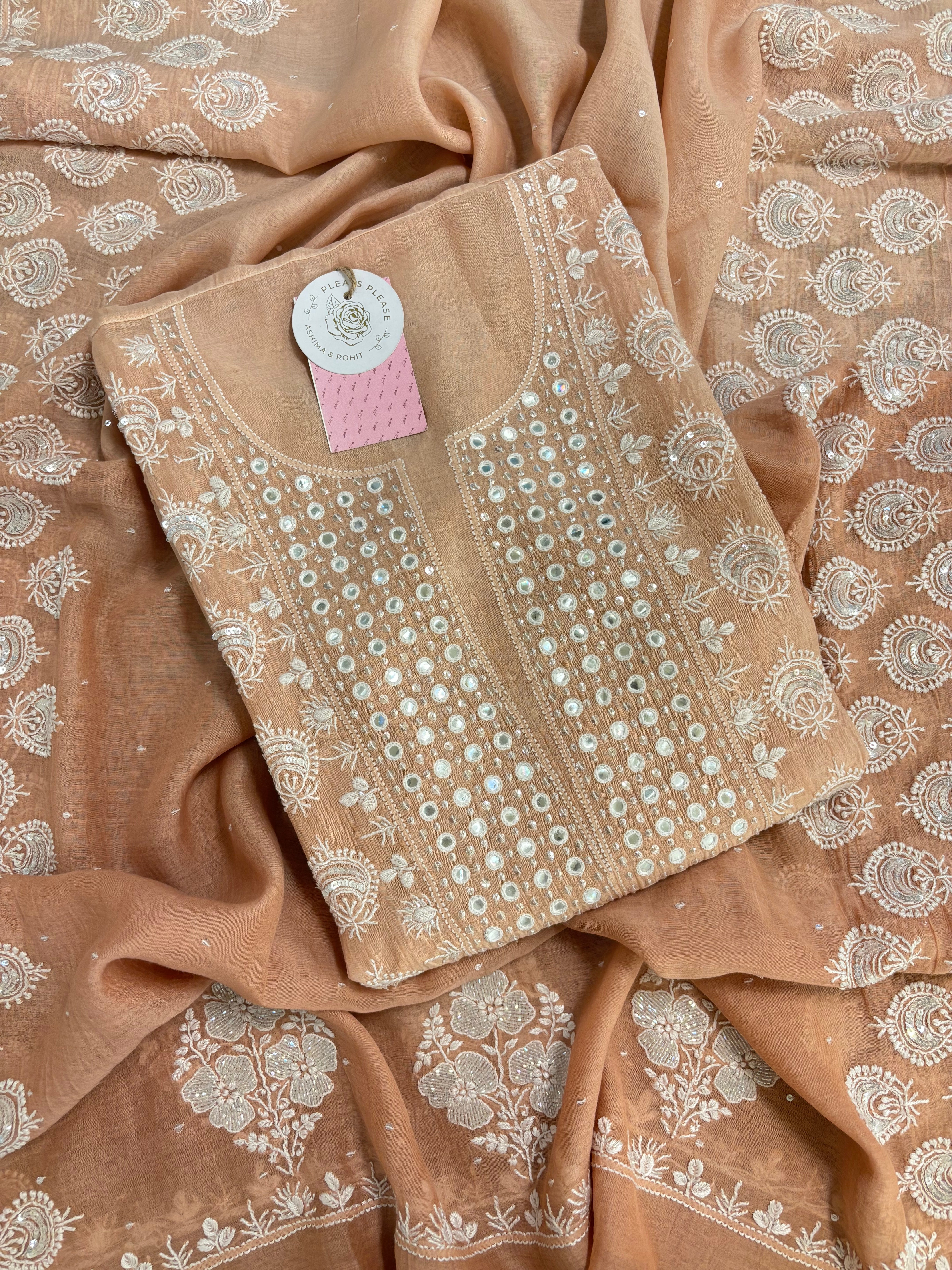 Peach Ombré Chanderi Chikankari Kurta & Dupatta
