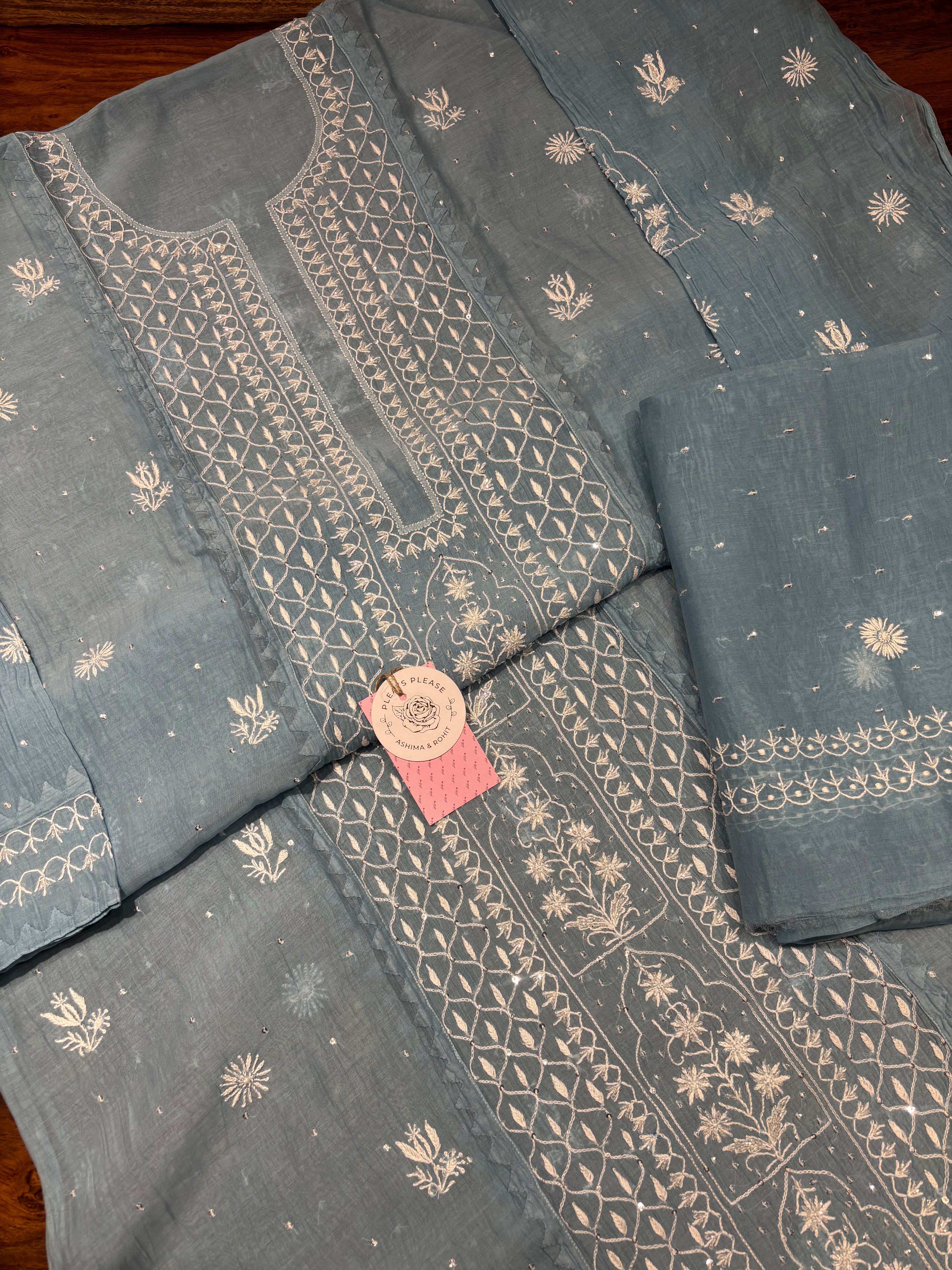 Soft Blue Chanderi Mul Chikankari Kurta & Dupatta Set