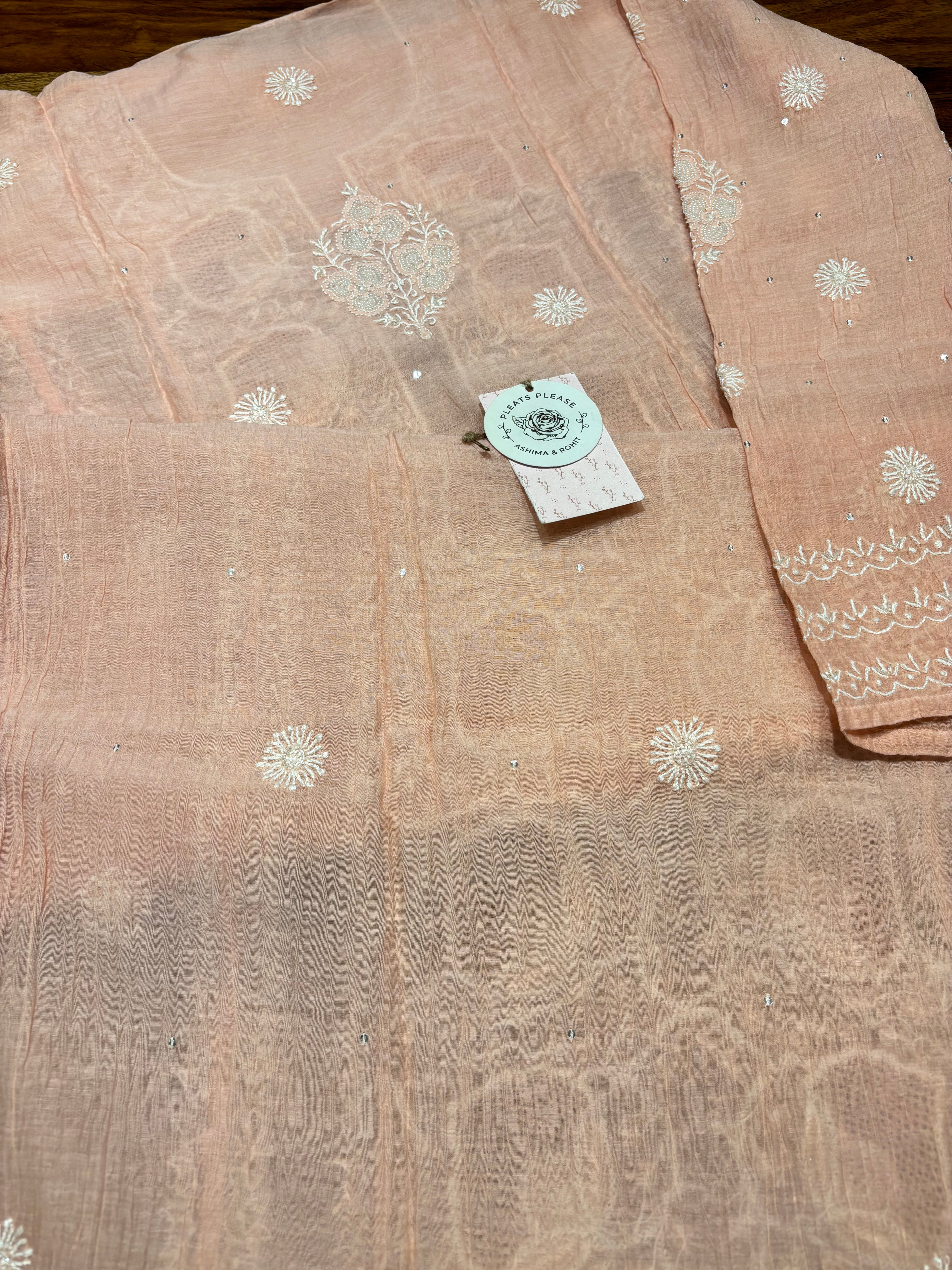Peach Chanderi Mul Chikankari Kurta and Dupatta Set