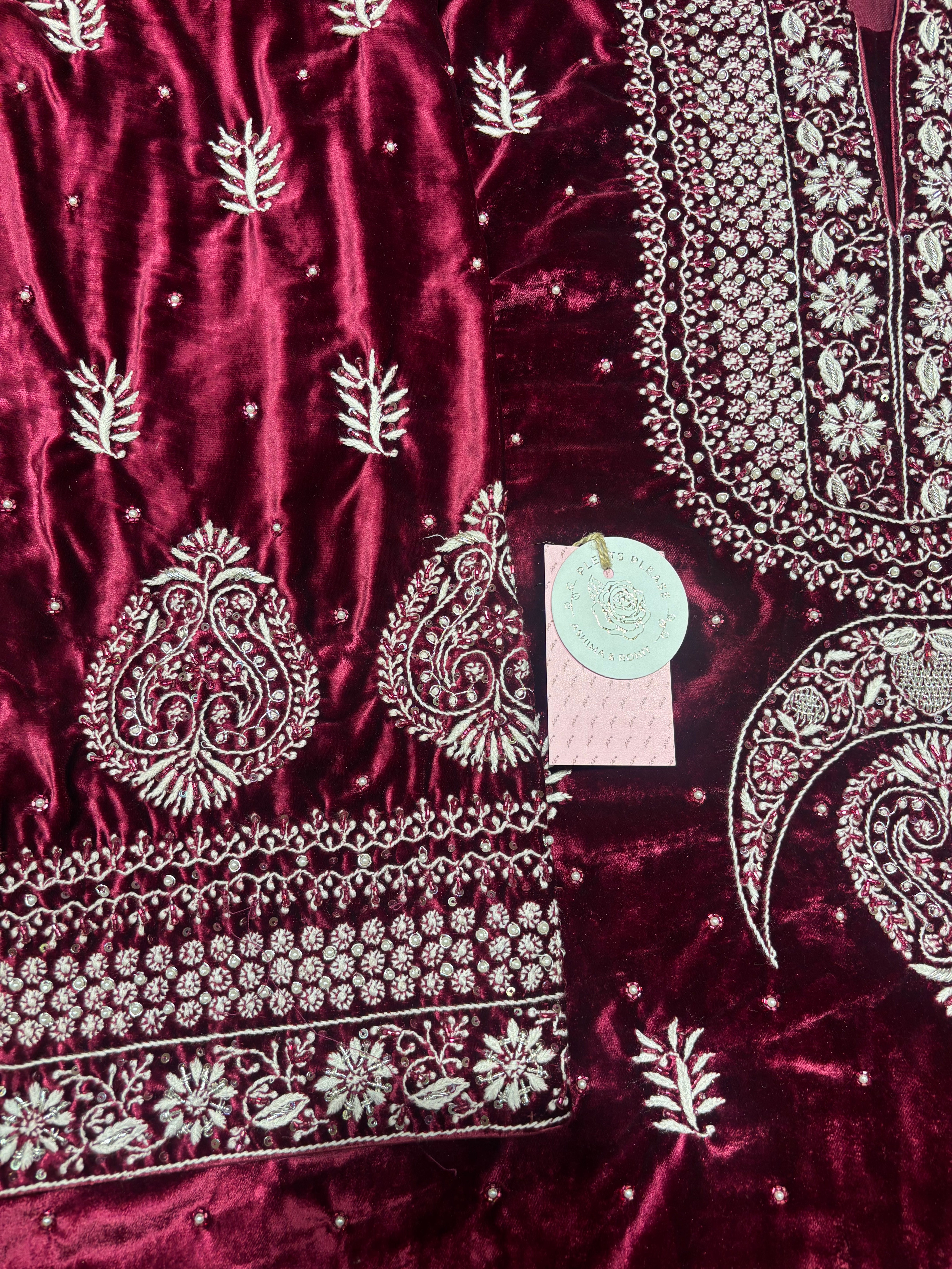 Plum Pure Velvet Chikankari Kurta And Dupatta Set