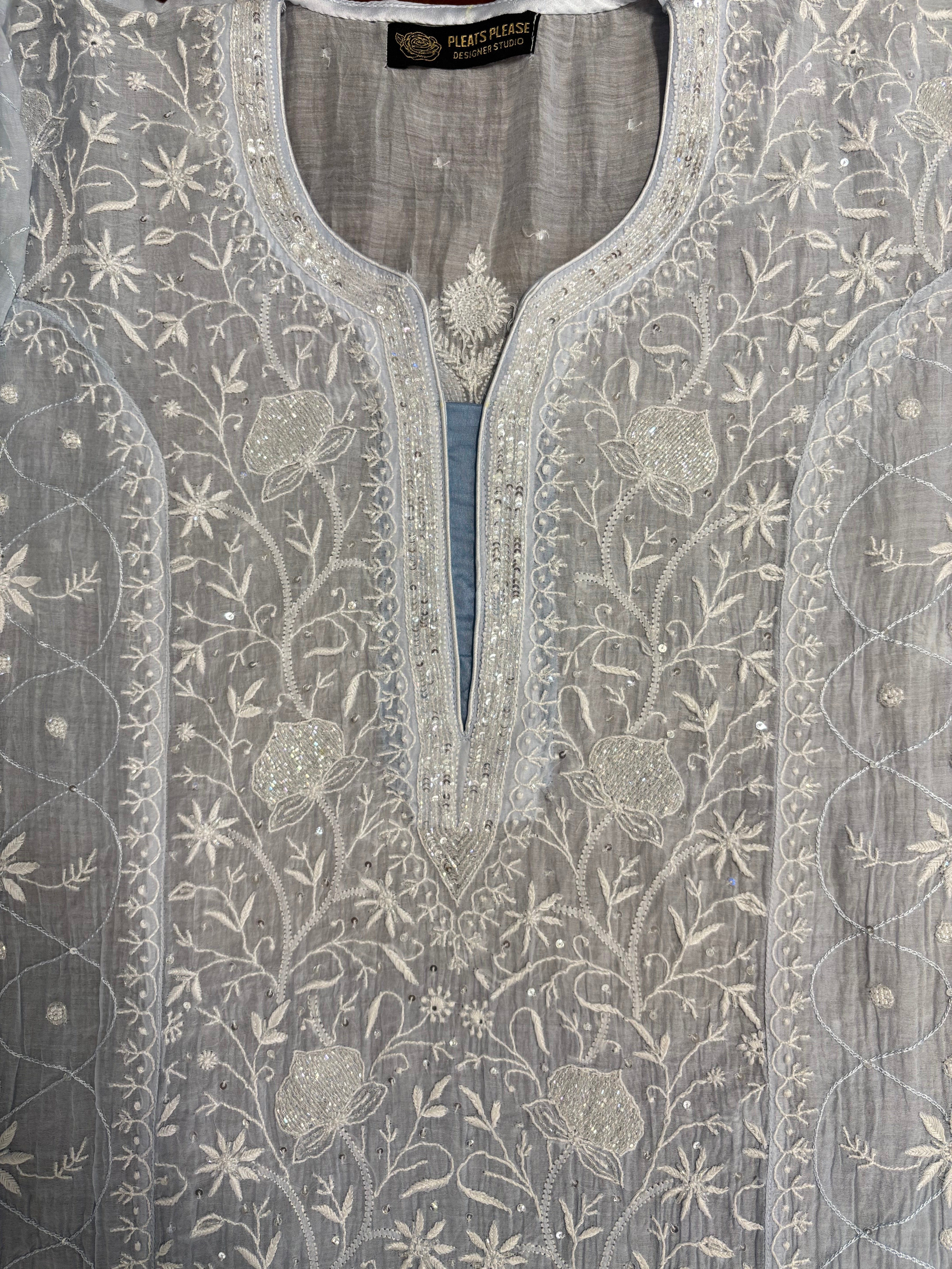 Powder Blue Ombré Chanderi Mul Chikankari Kurta & Dupatta With Bottom