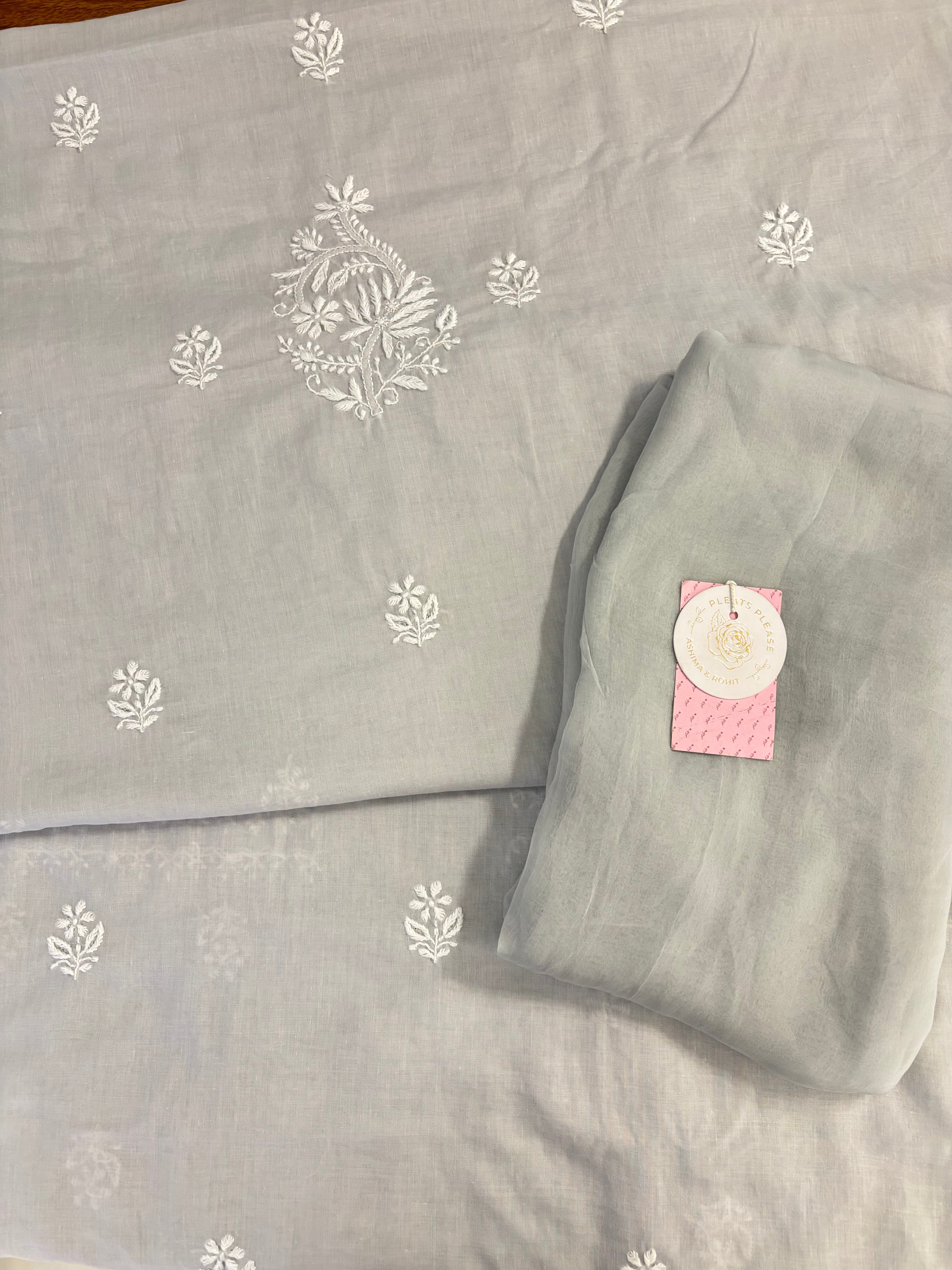 Dove-Grey Cotton Chikankari Kurta, Dupatta With Bottom