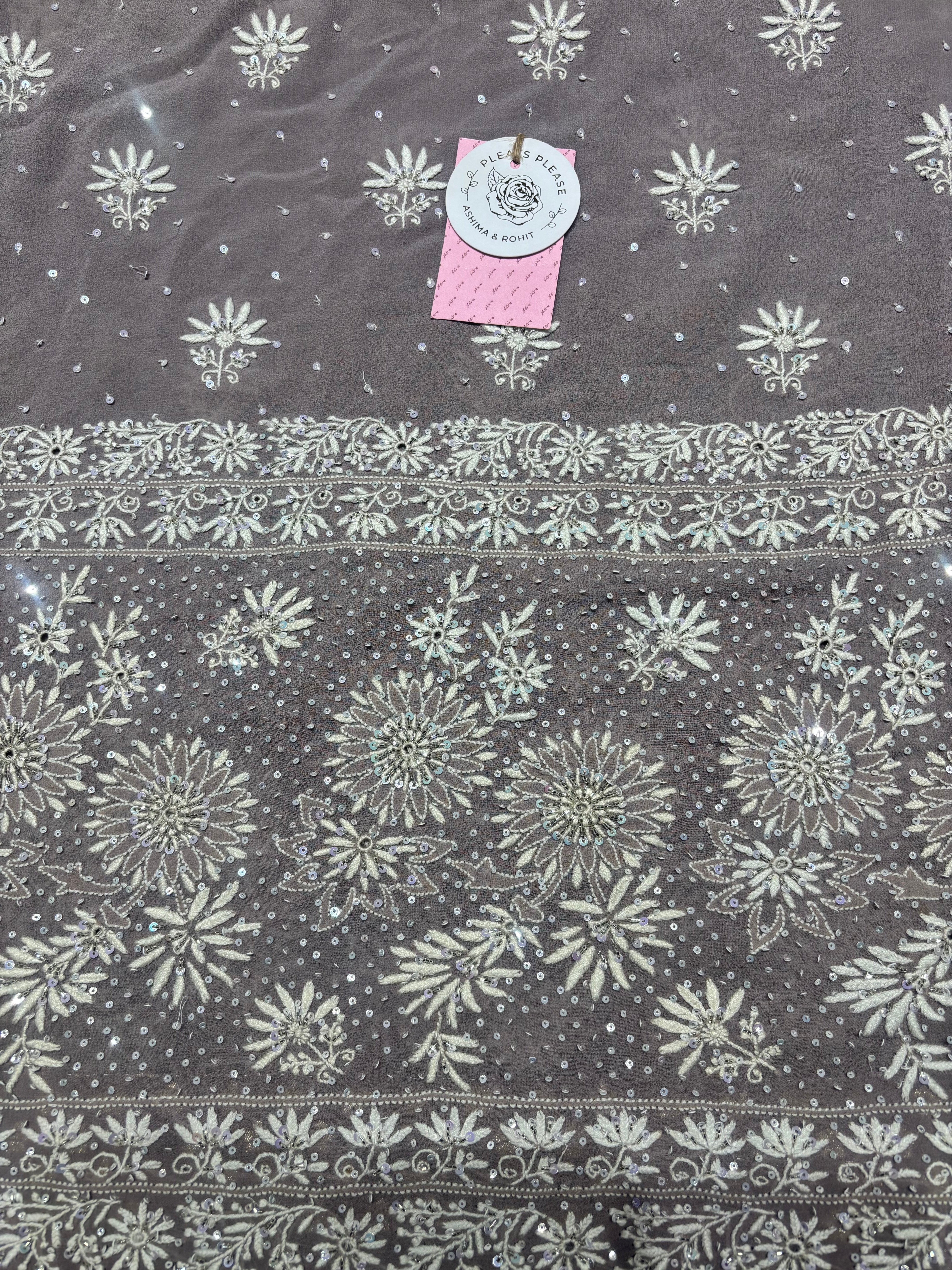 Ash Gray Pure & Premium Georgette Chikankari Kurta & Dupatta Fabric