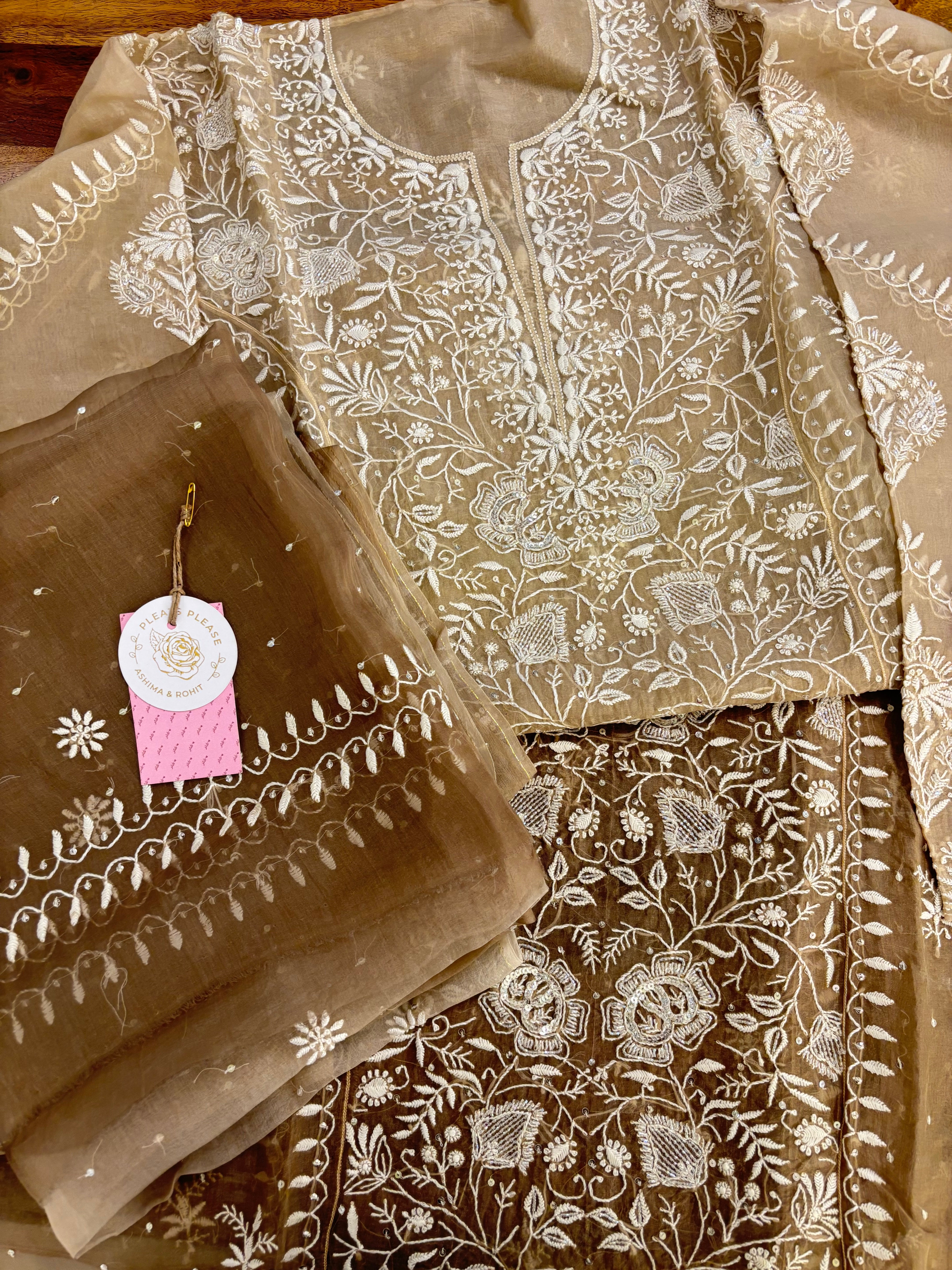 Brown Ombré Organza Silk Chikankari Kurta & Dupatta