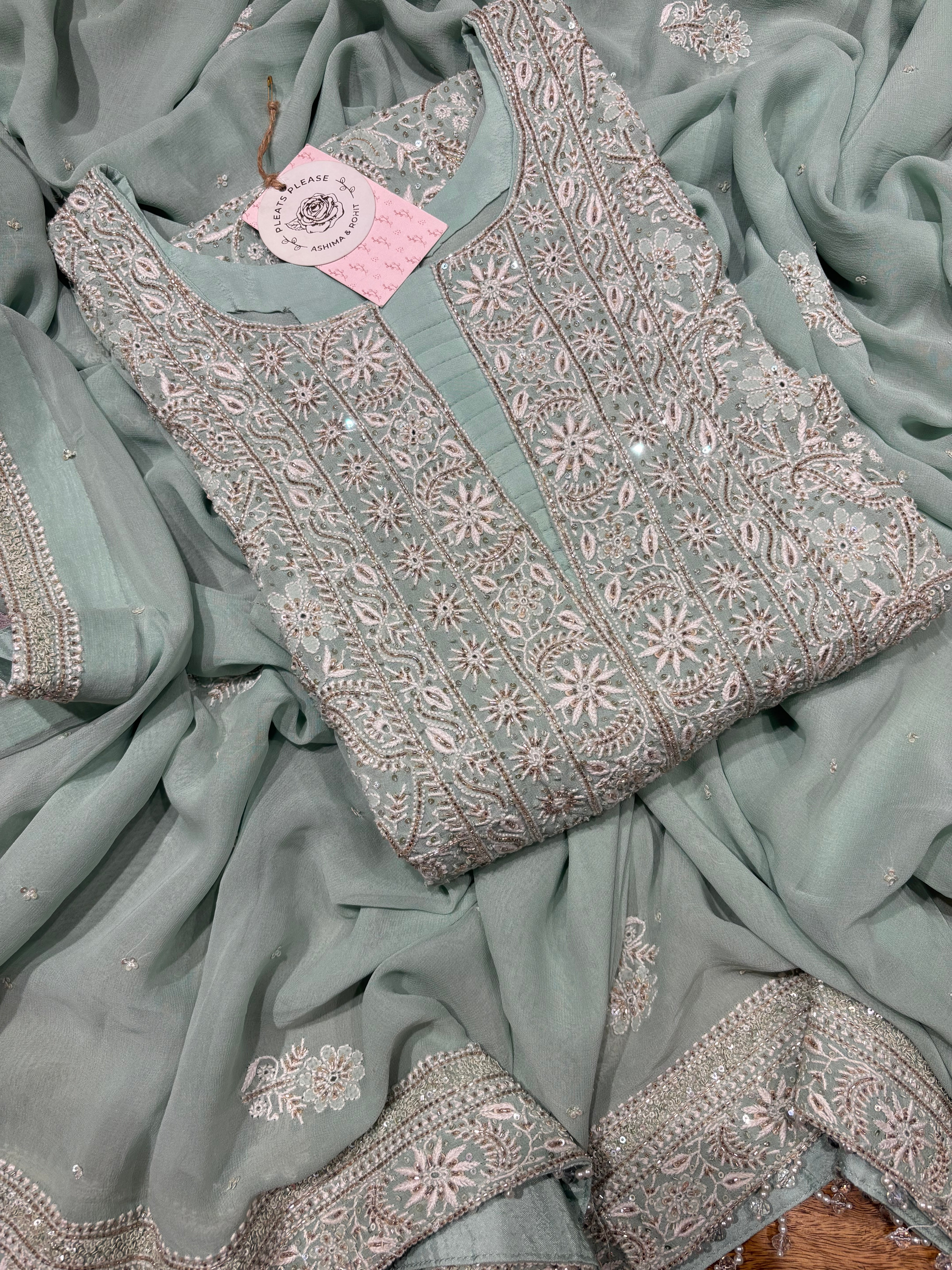 Sage Green Pure and Premium Georgette Chikankari Kurta And Dupatta Set