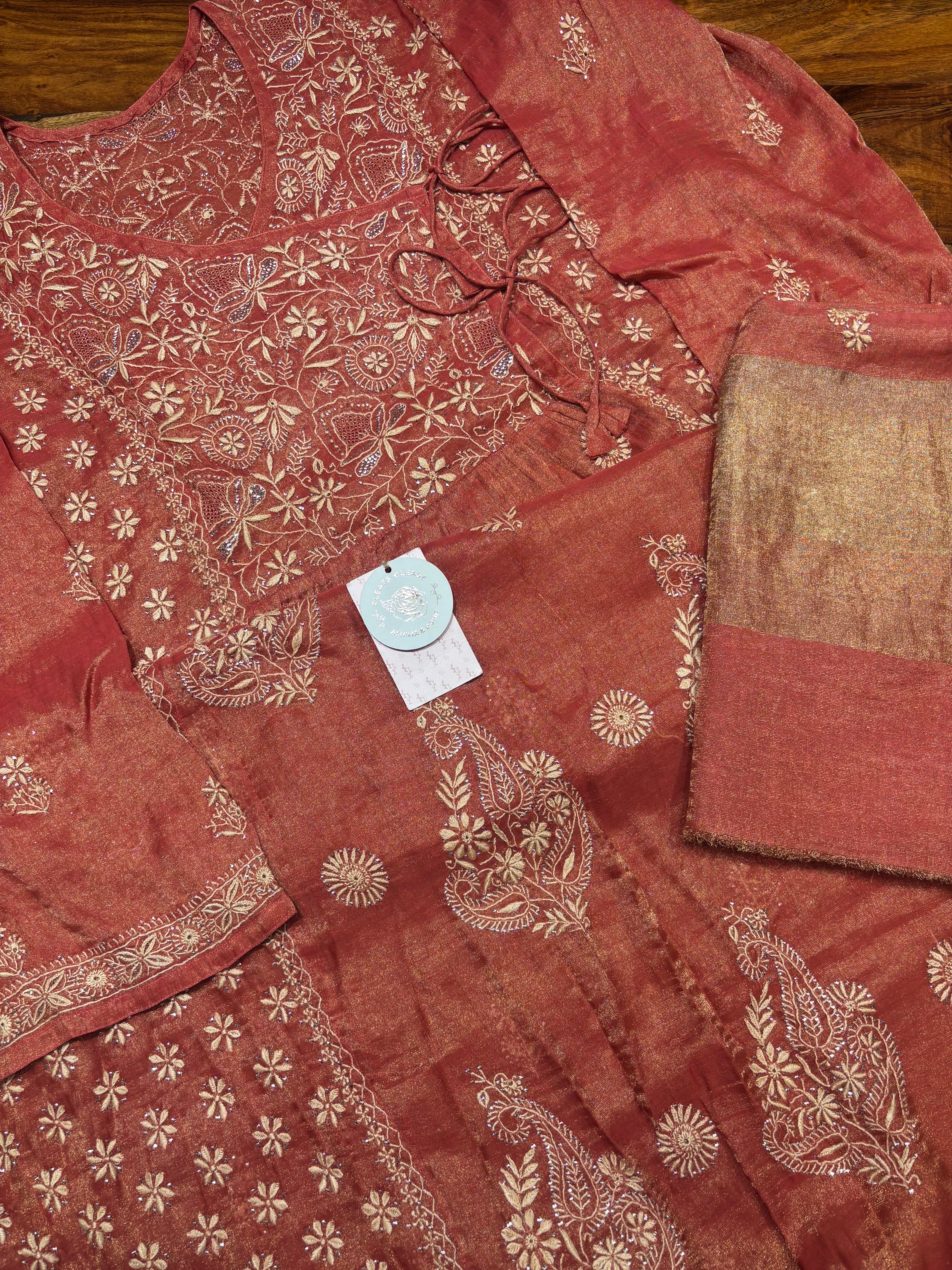 Burnt Orange Pure & Premium Tissue Angrakha Kurta & Dupatta Set