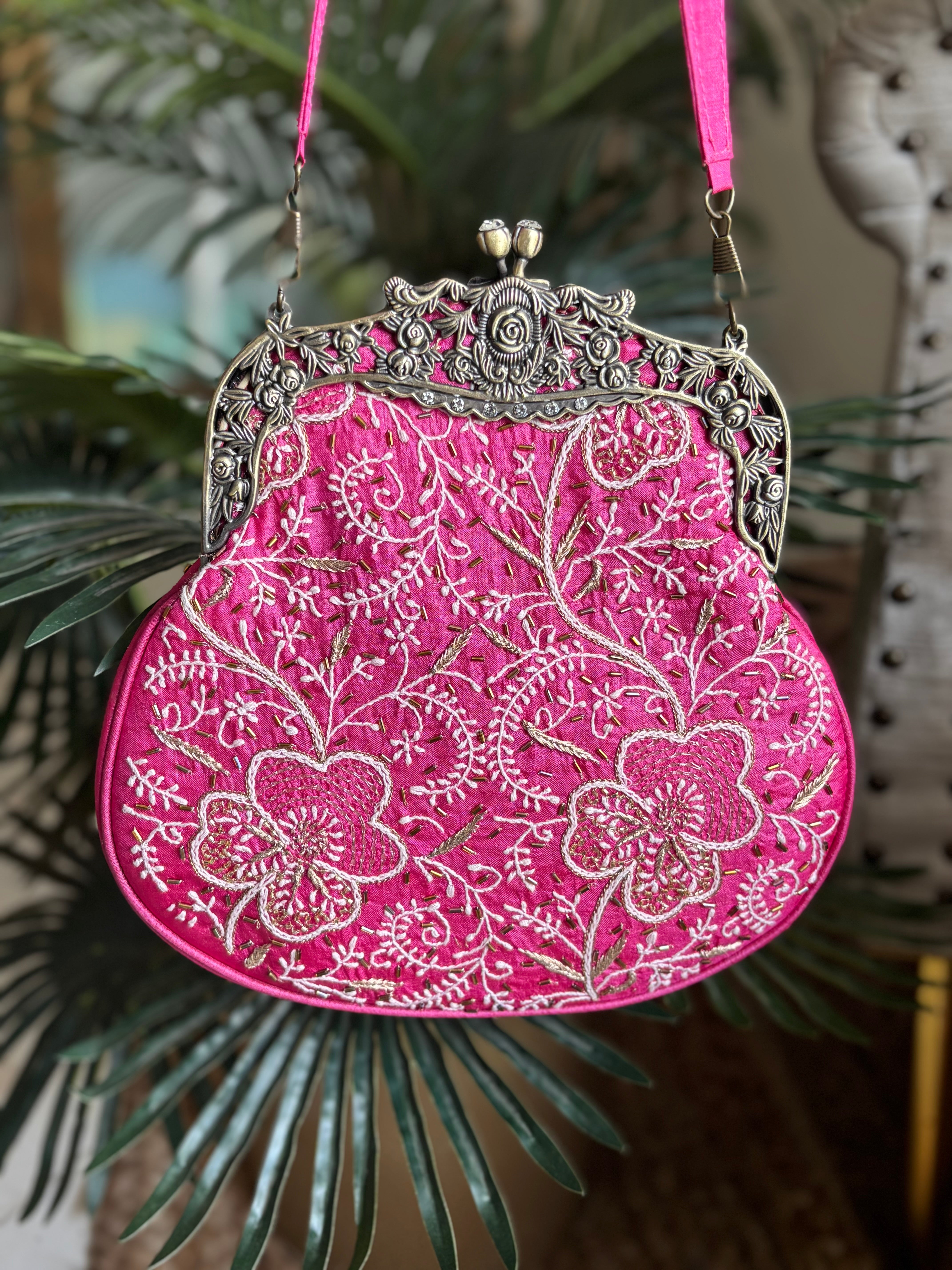 Fuchsia Pink Silk Chikankari Clutch